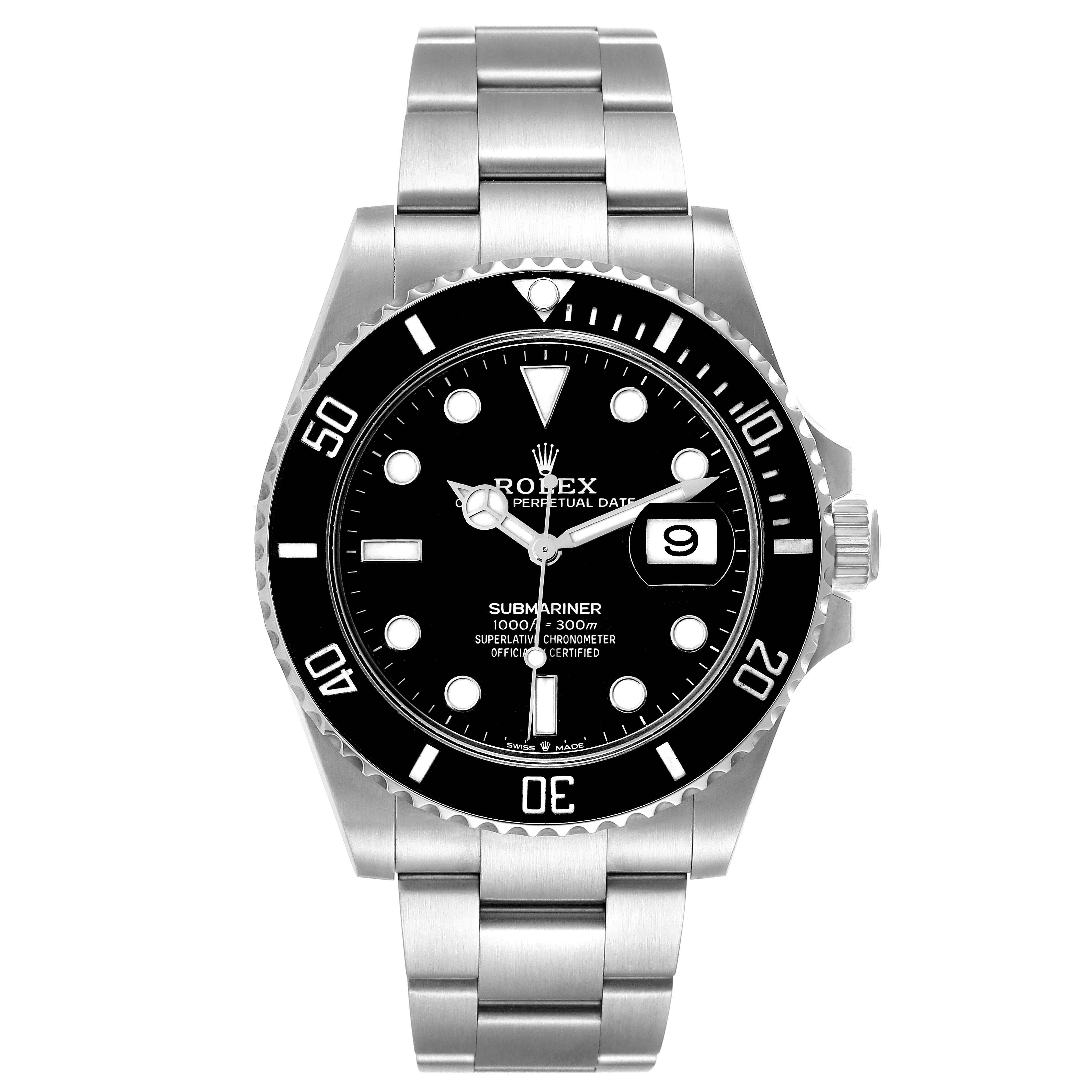 The image shows a frontal view of a Rolex Submariner 126610 Men
s Stainless Steel Black Dial 126610 Men
s Stainless Steel Black Dial watch, displaying its dial, bezel, and bracelet.