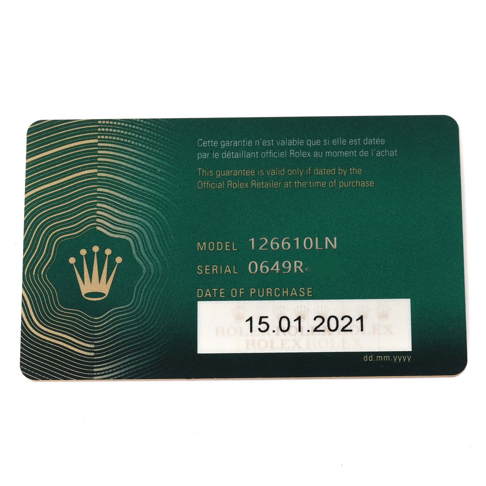 This image shows a warranty card for a Rolex Submariner 126610 Men
s Stainless Steel Black Dial 126610 Men
s Stainless Steel Black Dial model 126610LN, with purchase details and serial number.