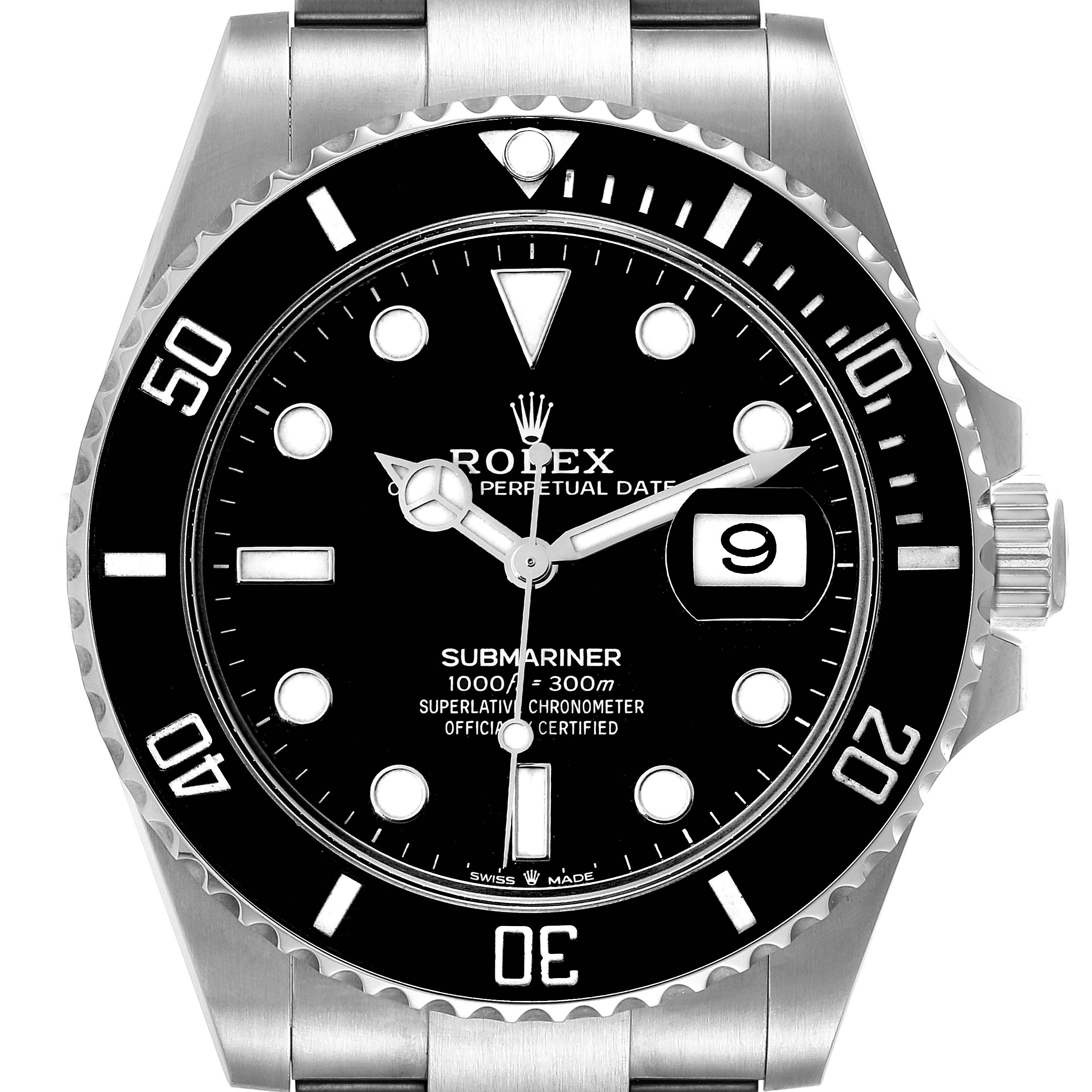The image shows a front view of the dial and bezel of the Rolex Submariner 126610 Men
s Stainless Steel Black Dial 126610 Men
s Stainless Steel Black Dial watch.