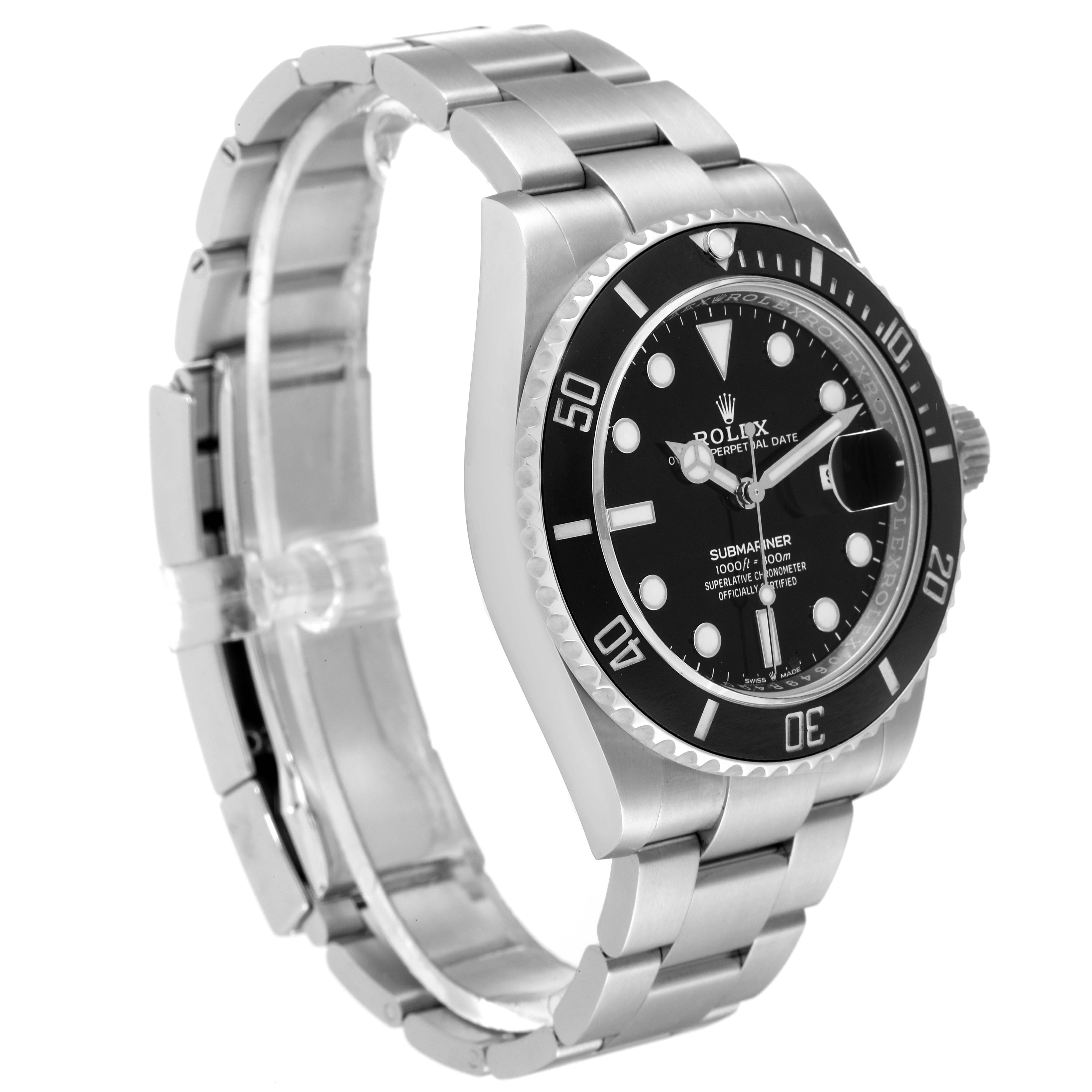 The Rolex Submariner 126610 Men
s Stainless Steel Black Dial 126610 Men
s Stainless Steel Black Dial watch is shown at a slight angle from the left, highlighting the dial, bezel, and bracelet.