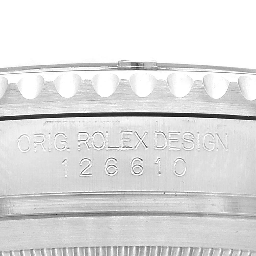This image shows a close-up of the bezel and case side of a Rolex Submariner 126610 Men
s Stainless Steel Black Dial 126610 Men
s Stainless Steel Black Dial, featuring the engraved model number 126610.