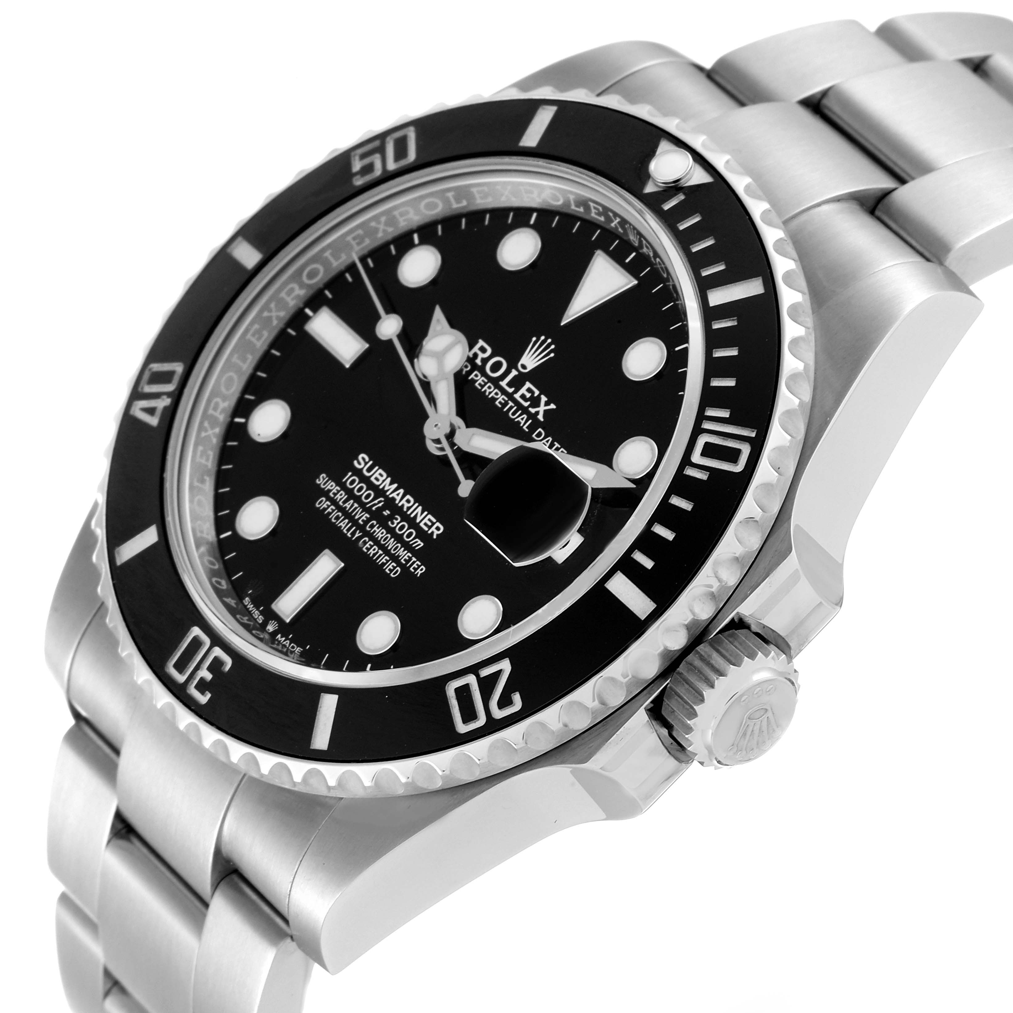 The image shows a side view of the Rolex Submariner 126610 Men
s Stainless Steel Black Dial 126610 Men
s Stainless Steel Black Dial watch, highlighting its black bezel, dial, and stainless steel bracelet.