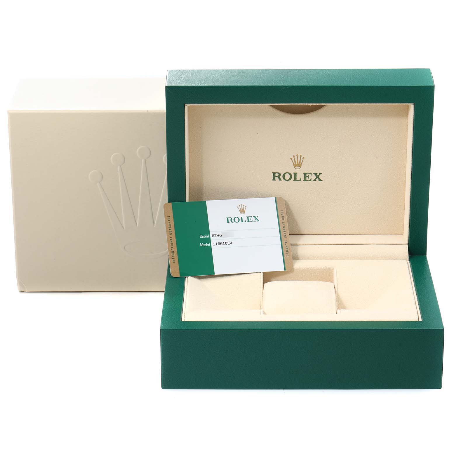 The image shows an open Rolex Submariner 116610LV Men
s Stainless Steel Green Dial 116610LV Men
s Stainless Steel Green Dial watch box with an Best Quality
ity card, displaying the box
s interior and an additional outer box.