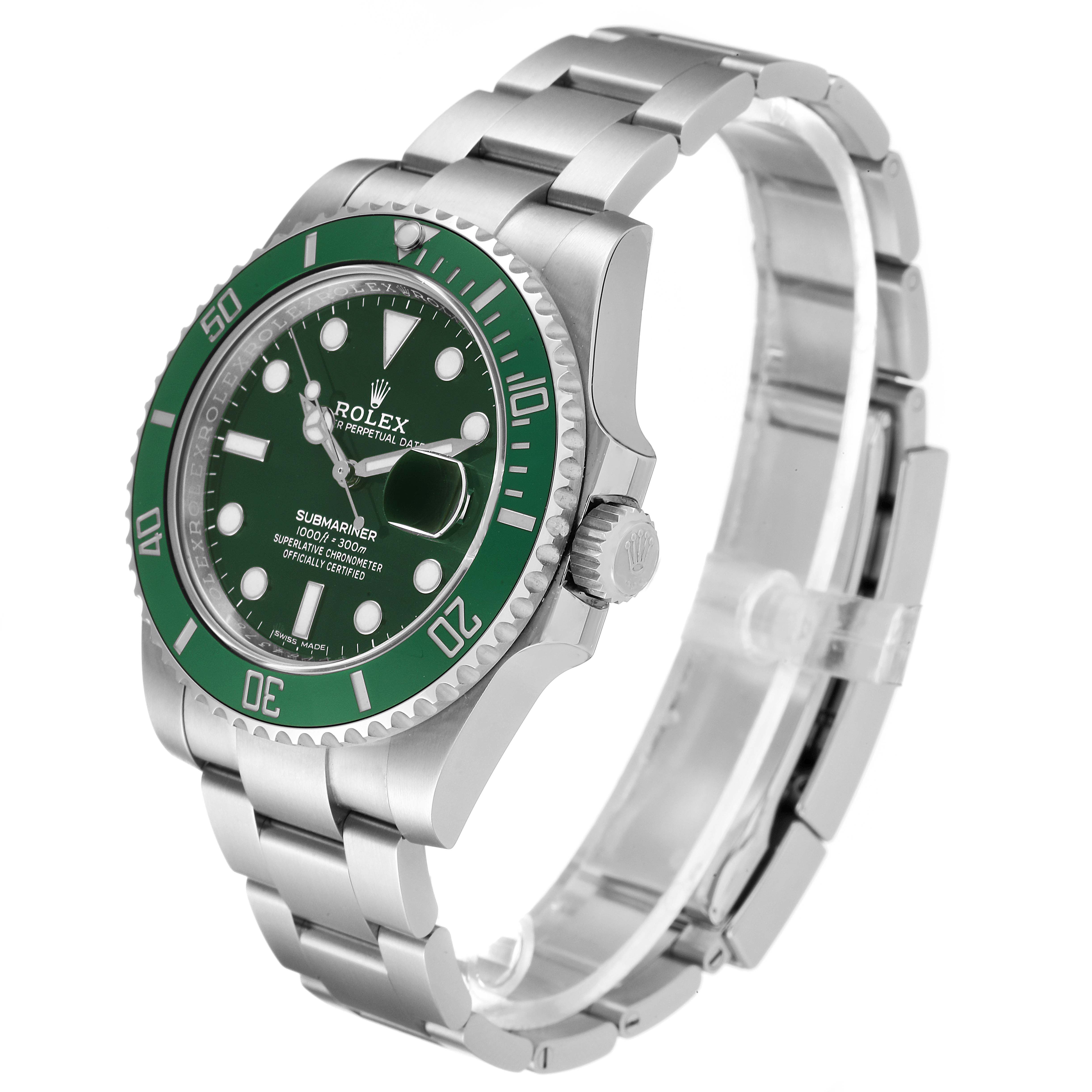 The image shows a Rolex Submariner 116610LV Men
s Stainless Steel Green Dial 116610LV Men
s Stainless Steel Green Dial watch from a side angle, highlighting the dial, bezel, and bracelet.