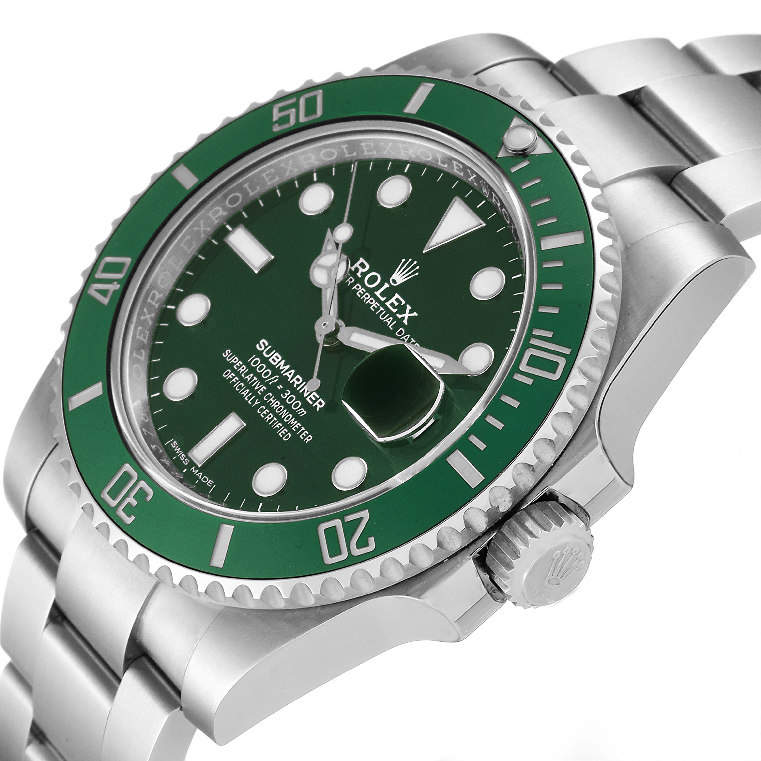 This image shows a close-up view of a Rolex Submariner 116610LV Men
s Stainless Steel Green Dial 116610LV Men
s Stainless Steel Green Dial watch, highlighting the face, bezel, crown, and part of the bracelet.