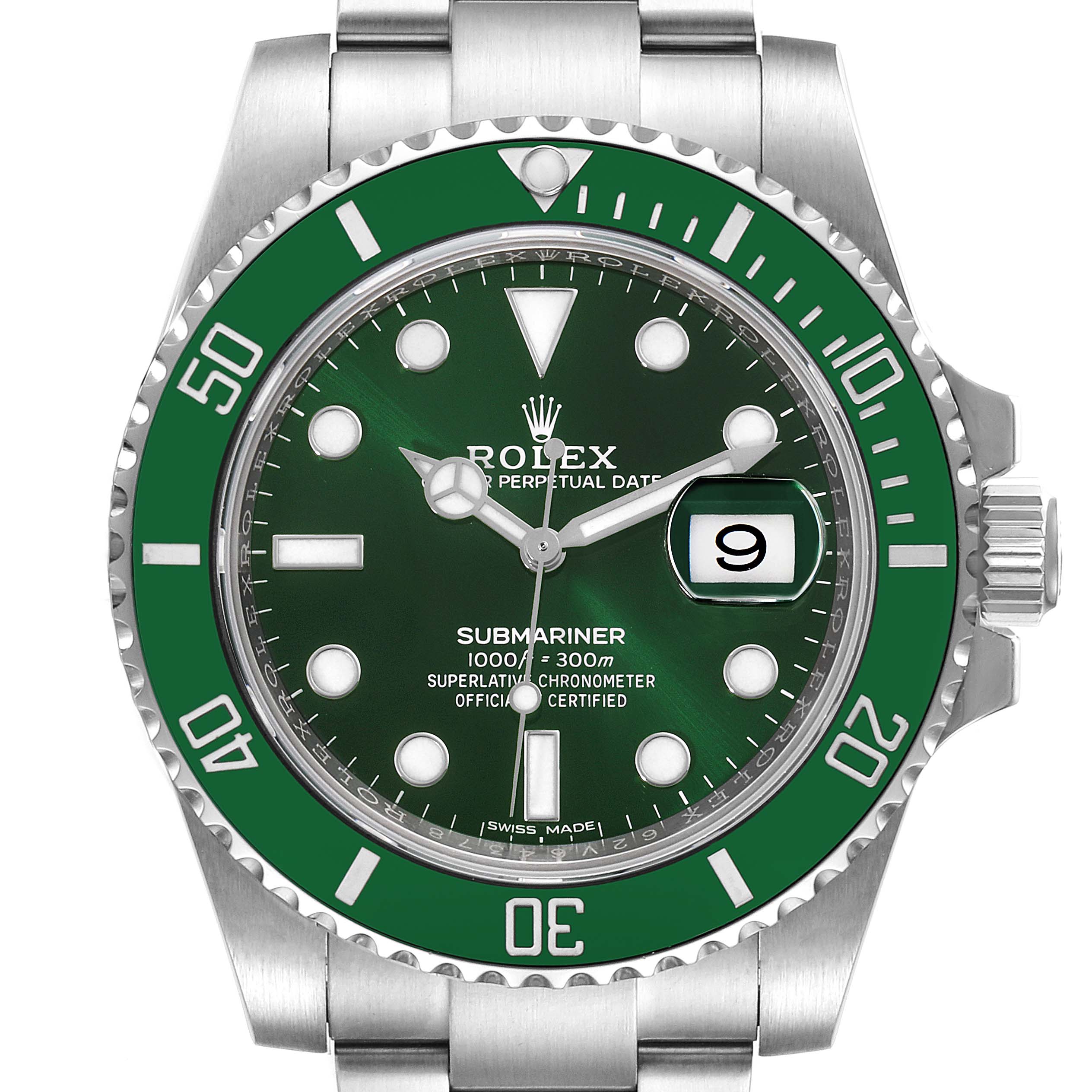 This image shows a front angle of a Rolex Submariner 116610LV Men
s Stainless Steel Green Dial 116610LV Men
s Stainless Steel Green Dial watch with a green bezel and dial, displaying the time.