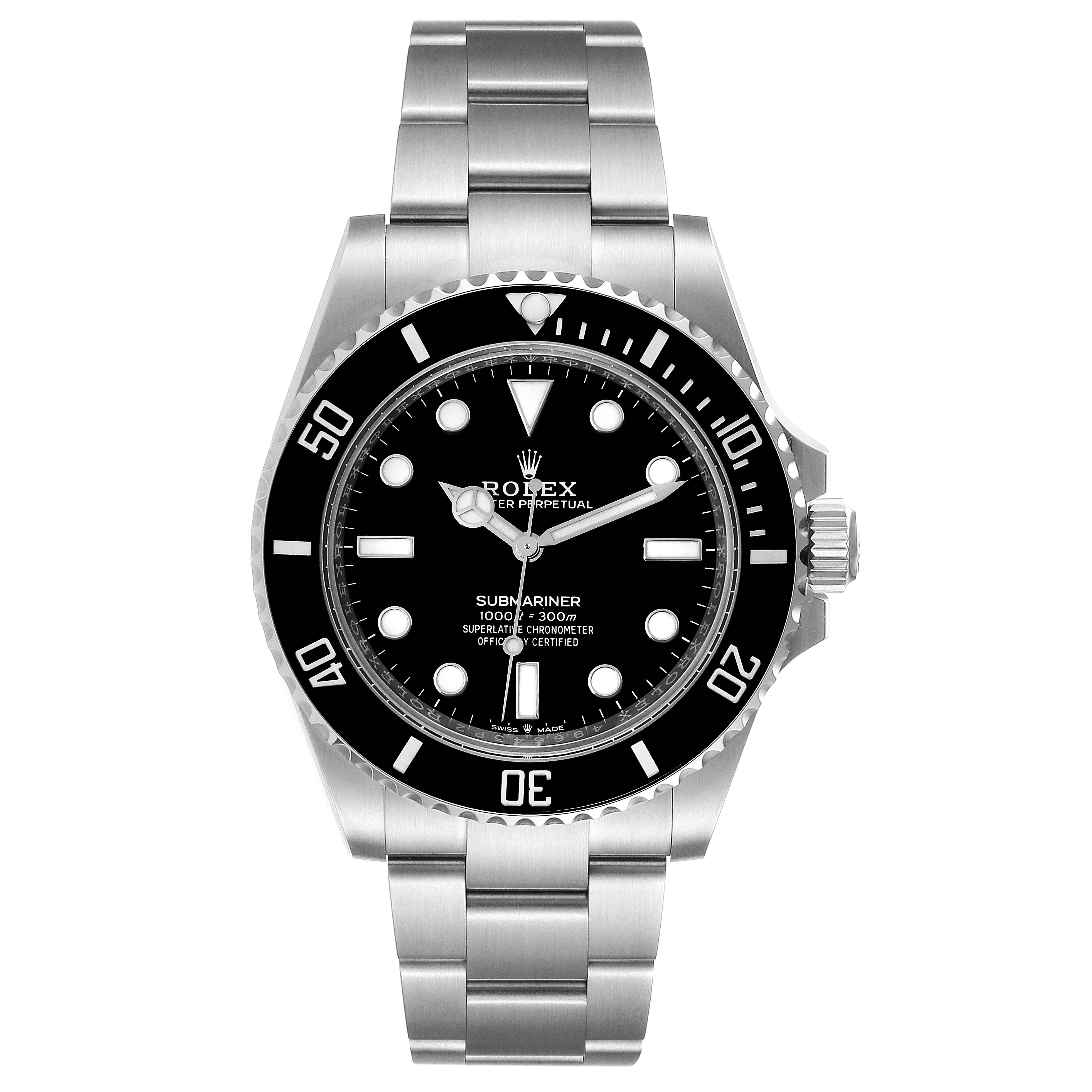 This image shows the front view of the Rolex Submariner 124060 Men
s Stainless Steel Black Dial 124060 Men
s Stainless Steel Black Dial, displaying its dial, markers, bezel, and bracelet.