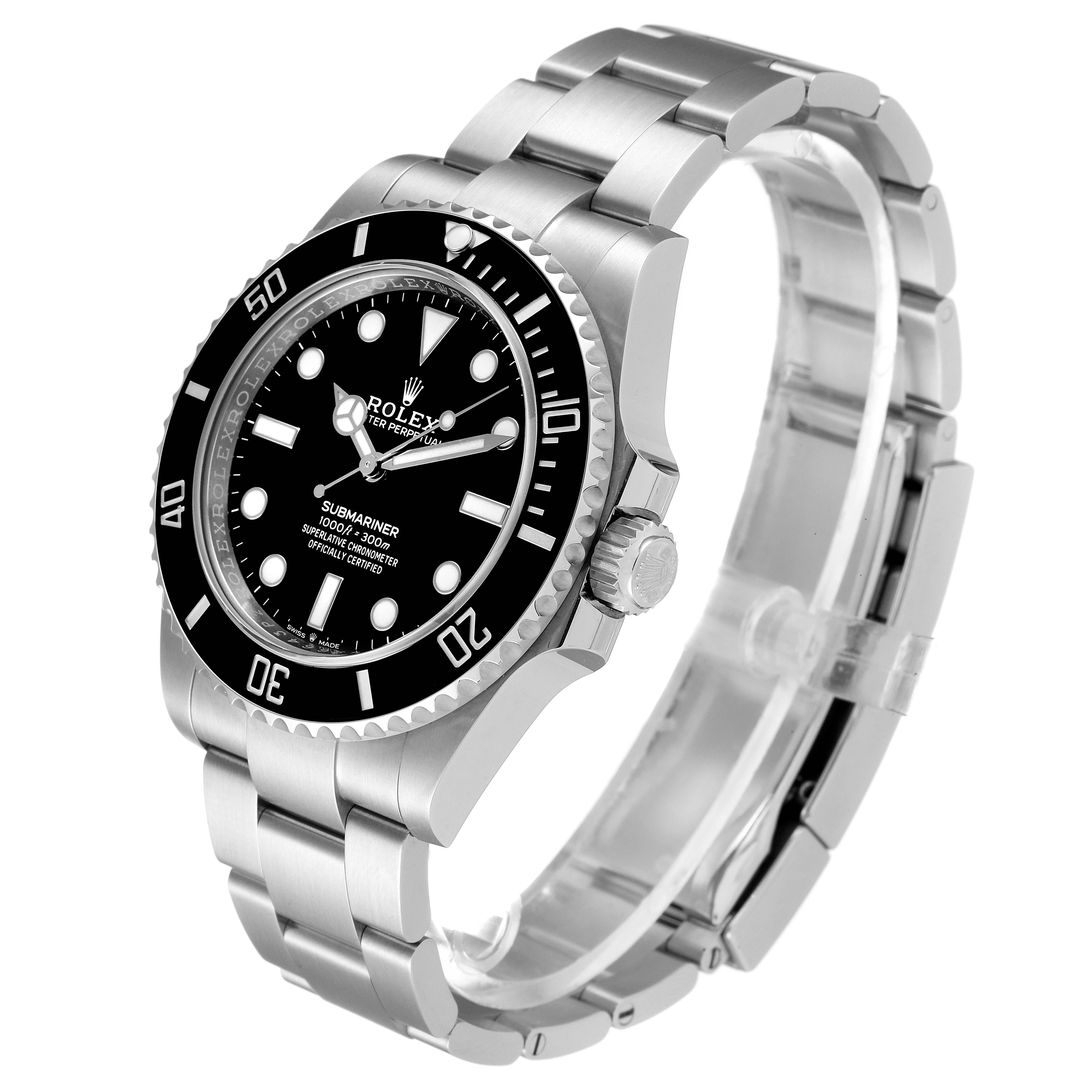 The Rolex Submariner 124060 Men
s Stainless Steel Black Dial 124060 Men
s Stainless Steel Black Dial model is shown at an angled side view, displaying the bracelet, bezel, crown, and dial.