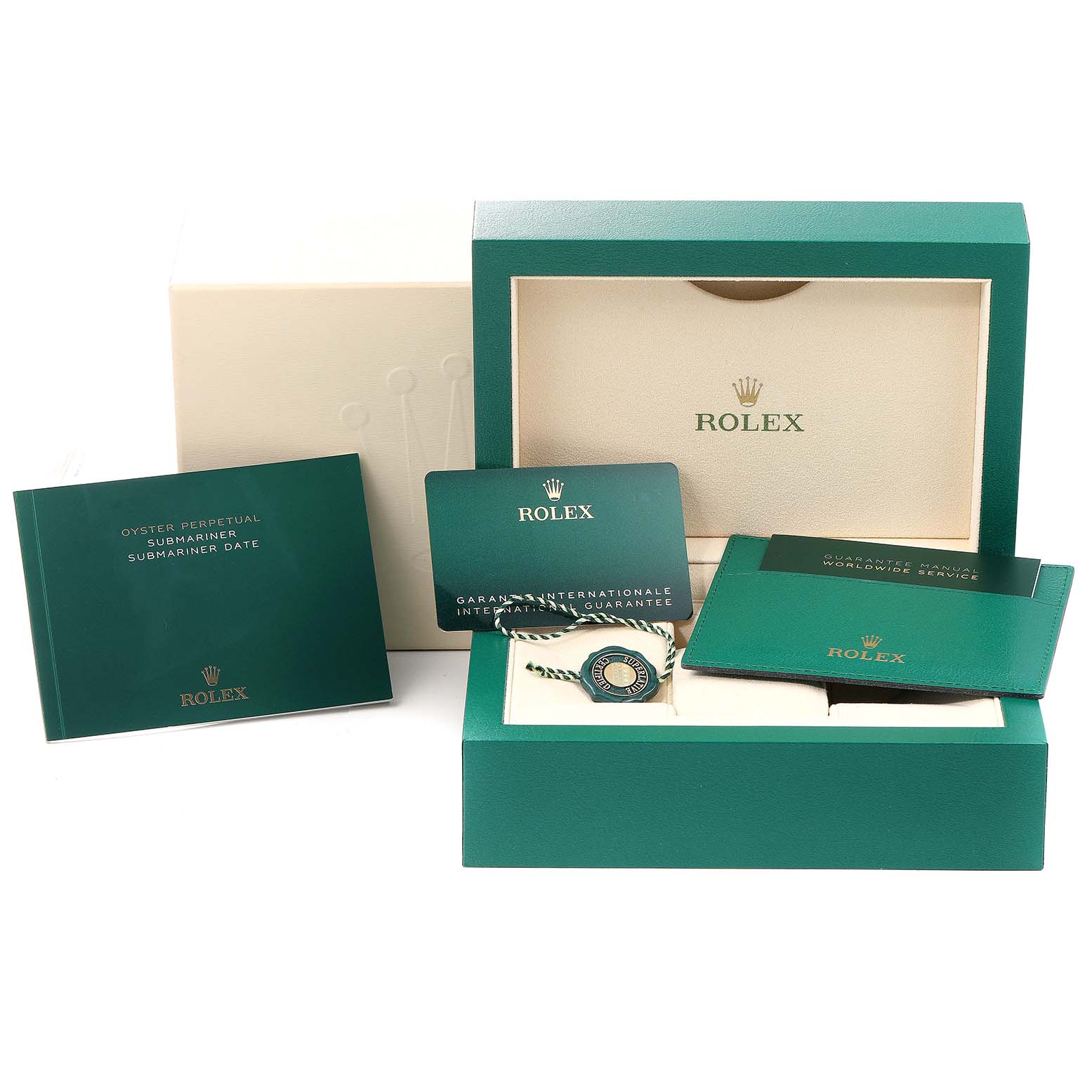 The image shows the packaging, booklets, warranty cards, and tags of a Rolex Submariner 124060 Men
s Stainless Steel Black Dial 124060 Men
s Stainless Steel Black Dial watch.