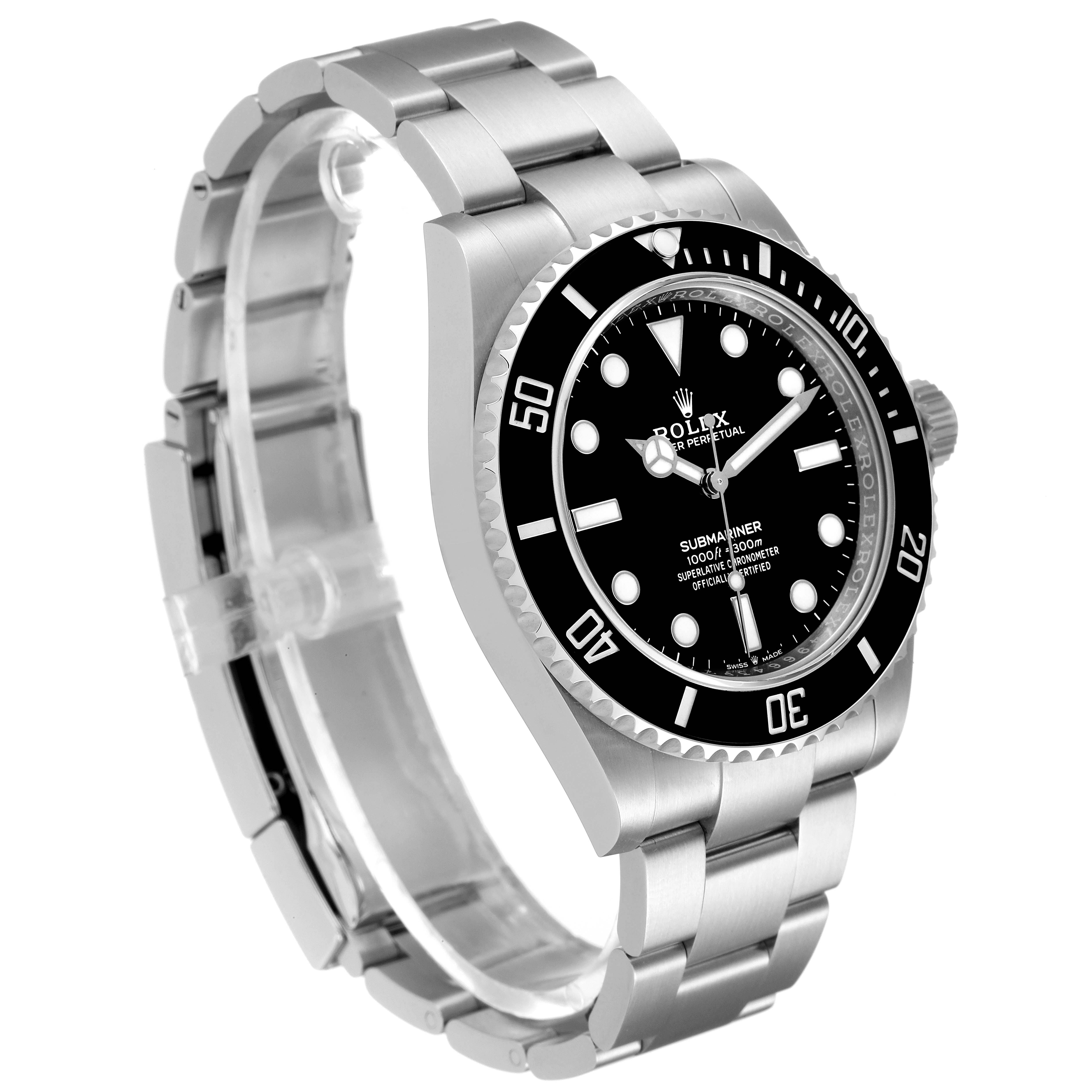 The image shows a Rolex Submariner 124060 Men
s Stainless Steel Black Dial 124060 Men
s Stainless Steel Black Dial watch angled to highlight the face, bezel, and bracelet.