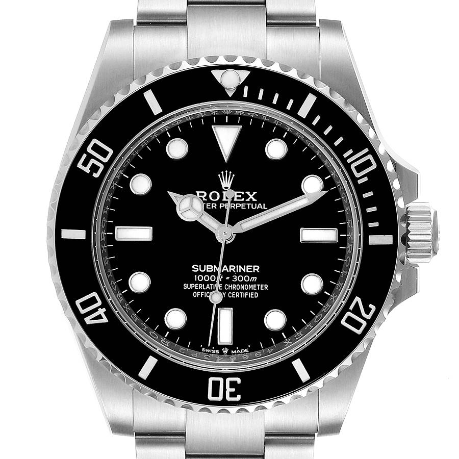 This image shows the front view of a Rolex Submariner watch, highlighting the dial, bezel, and bracelet.