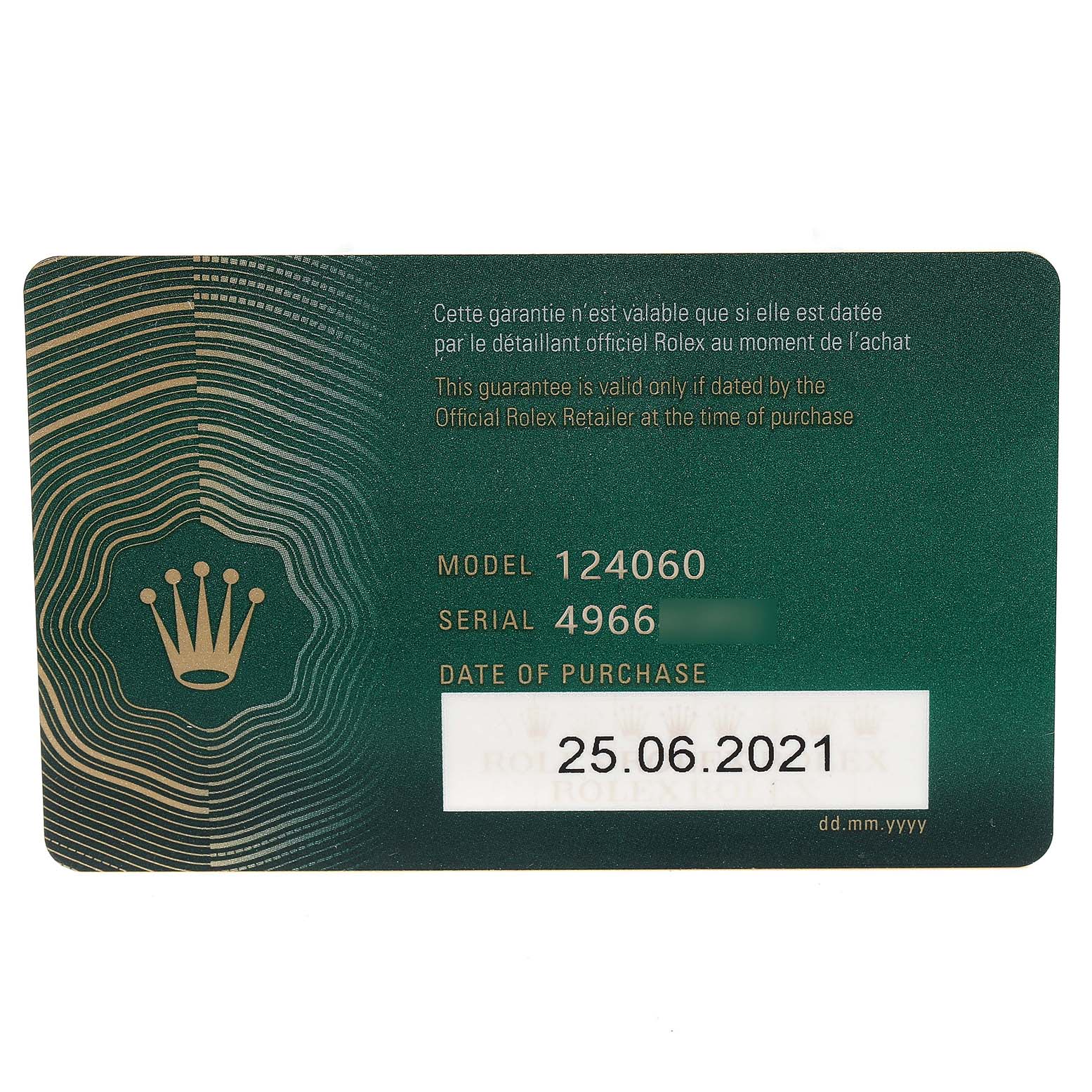 The image shows a guarantee card for the Rolex Submariner 124060 Men
s Stainless Steel Black Dial 124060 Men
s Stainless Steel Black Dial model 124060, indicating the serial number and purchase date.