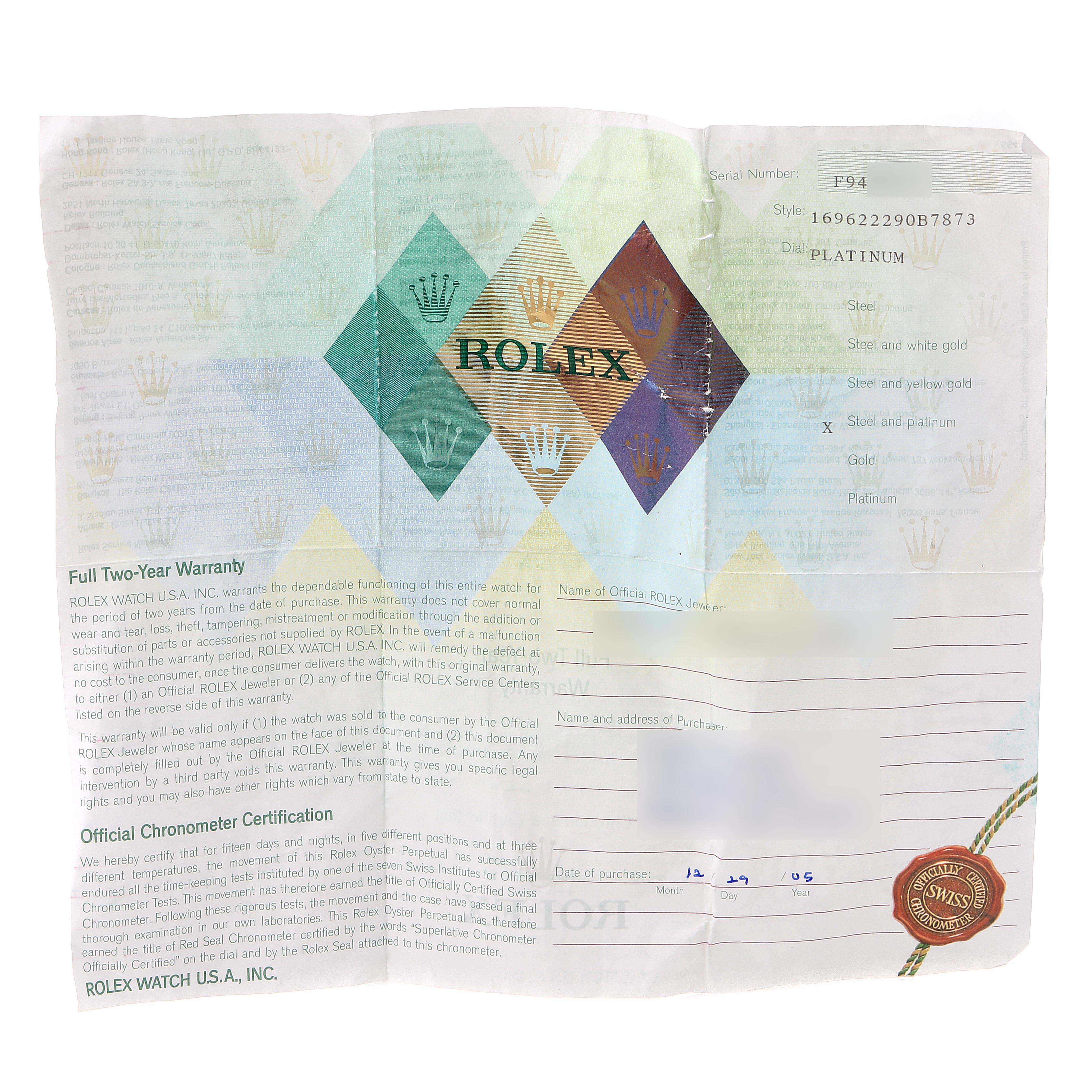 The image shows the warranty card and documentation for the Rolex Yacht-Master 169622 Women's Stainless Steel Silver Dial 169622 Women's Stainless Steel Silver Dial model watch.