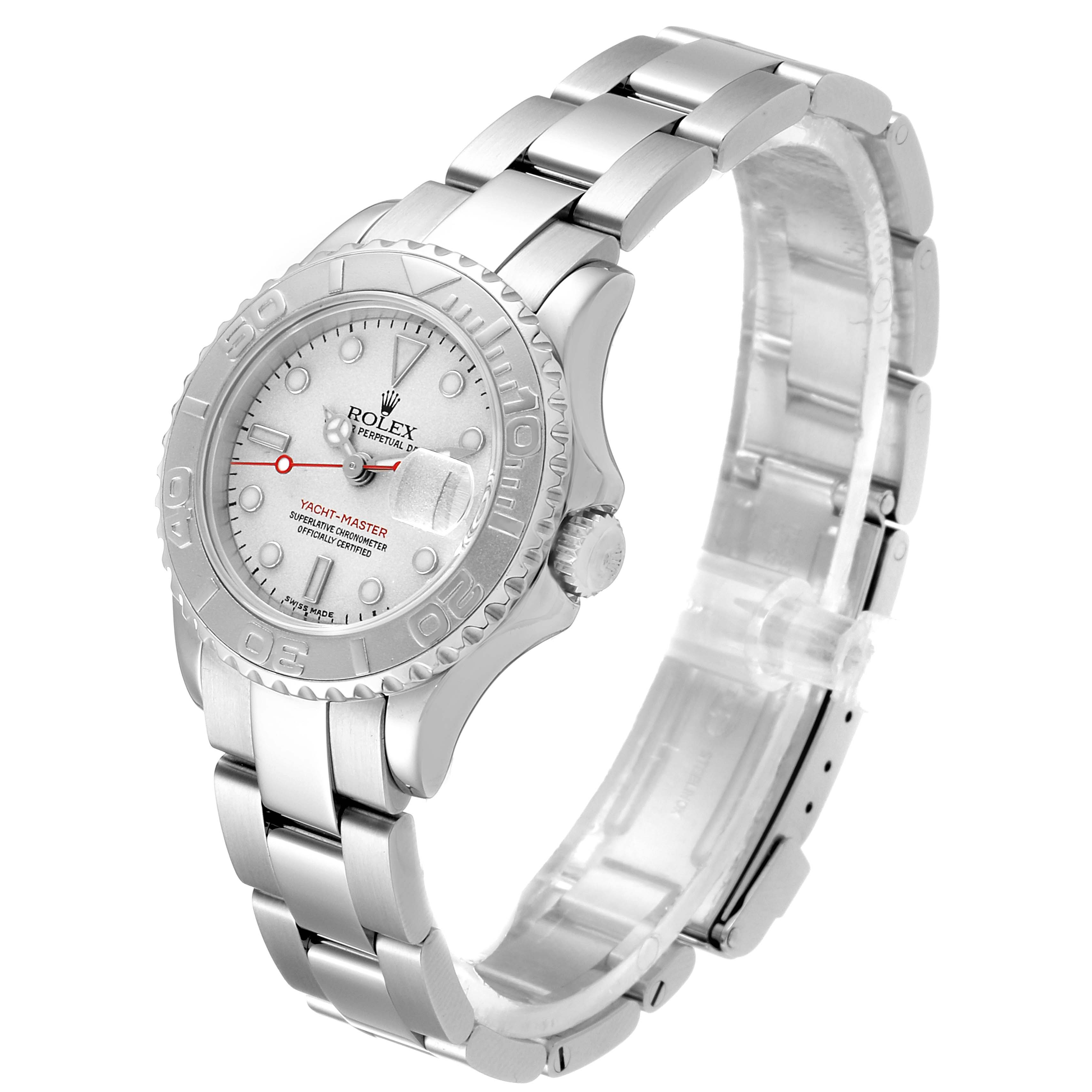This image shows a side and front angle of a Rolex Yacht-Master 169622 Women's Stainless Steel Silver Dial 169622 Women's Stainless Steel Silver Dial watch, featuring its bracelet, dial, bezel, and crown.