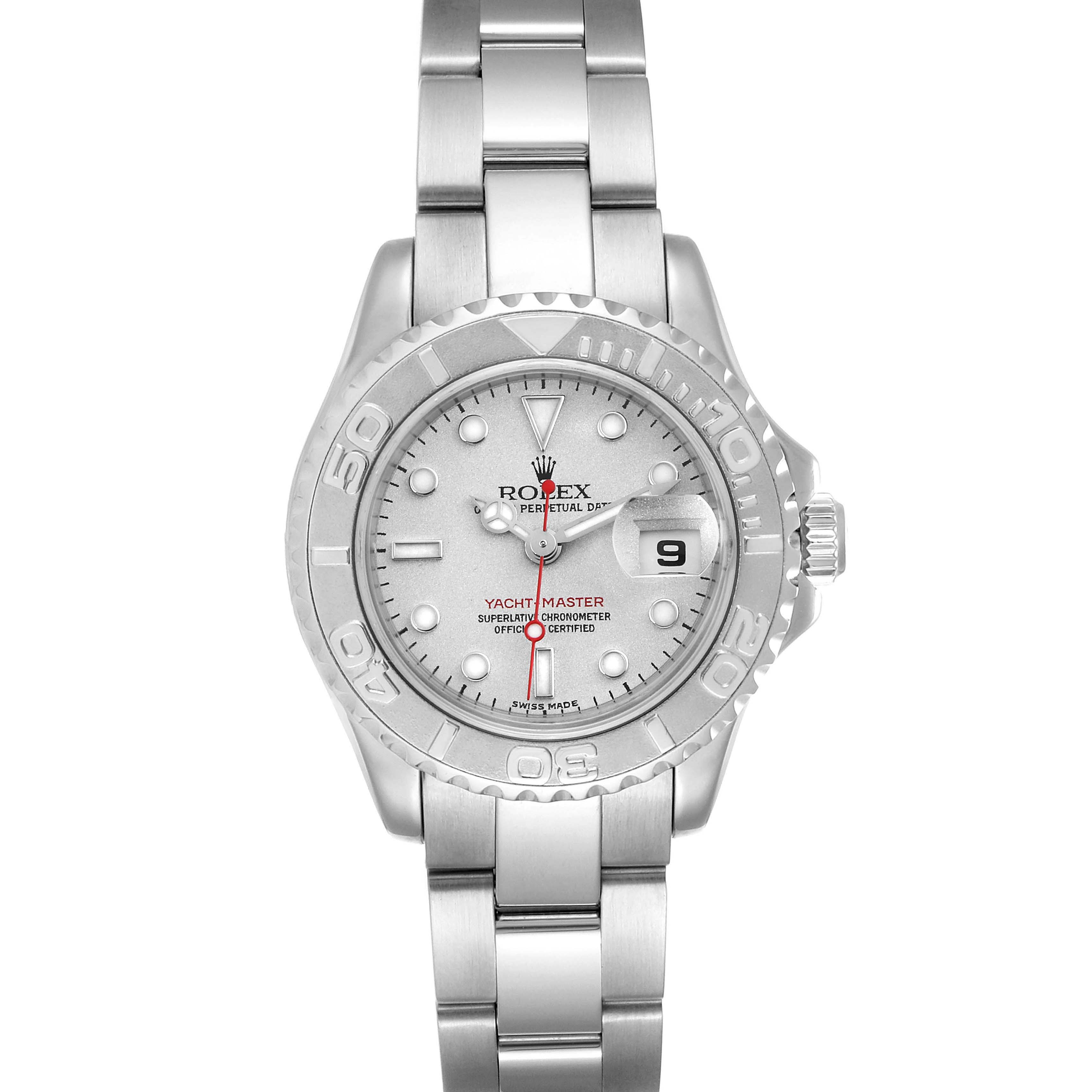 This image shows a front view of the Rolex Yacht-Master 169622 Women's Stainless Steel Silver Dial 169622 Women's Stainless Steel Silver Dial watch, displaying the dial, bezel, and bracelet.