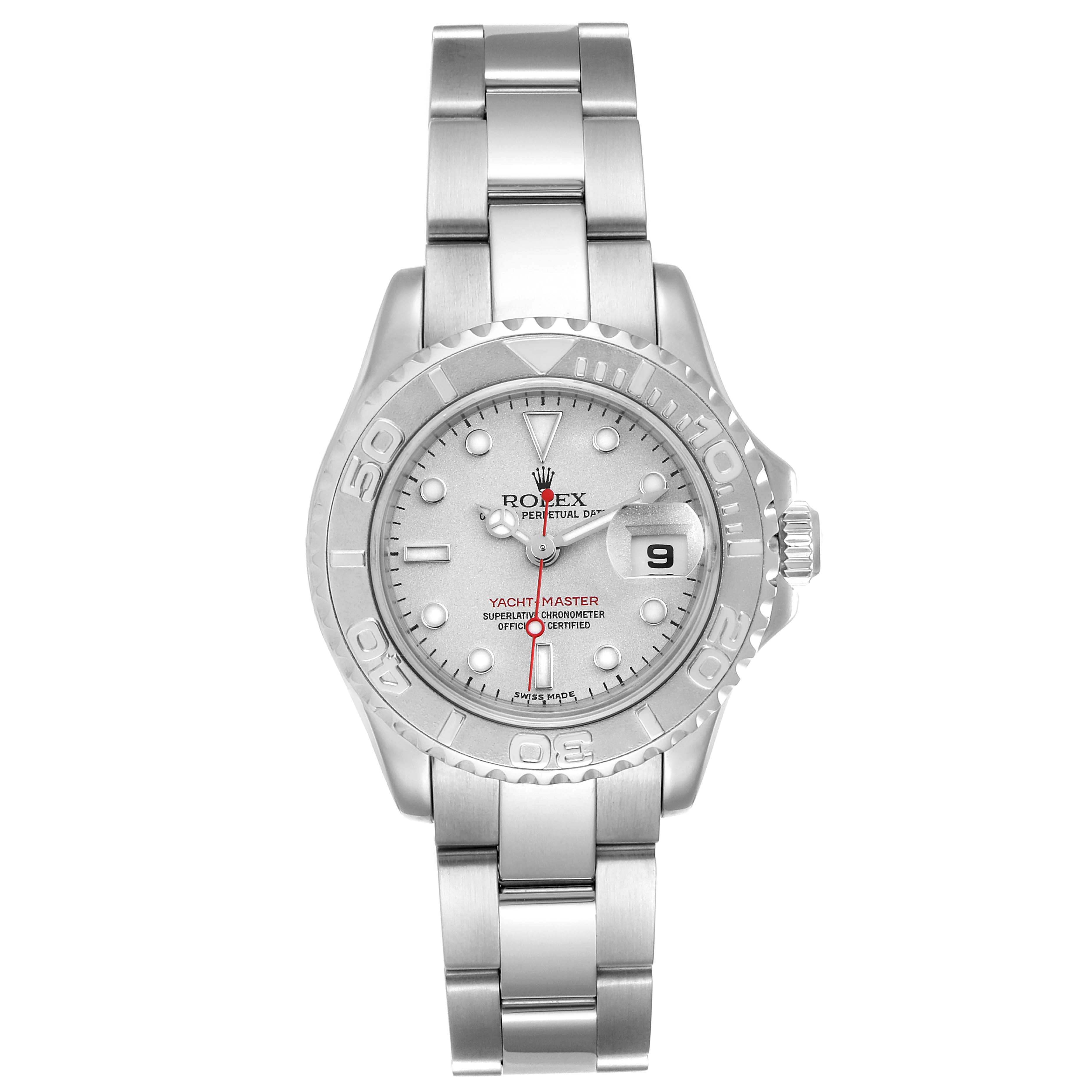 The image shows a front view of a Rolex Yacht-Master 169622 Women's Stainless Steel Silver Dial 169622 Women's Stainless Steel Silver Dial watch, featuring its dial, bezel, and bracelet.