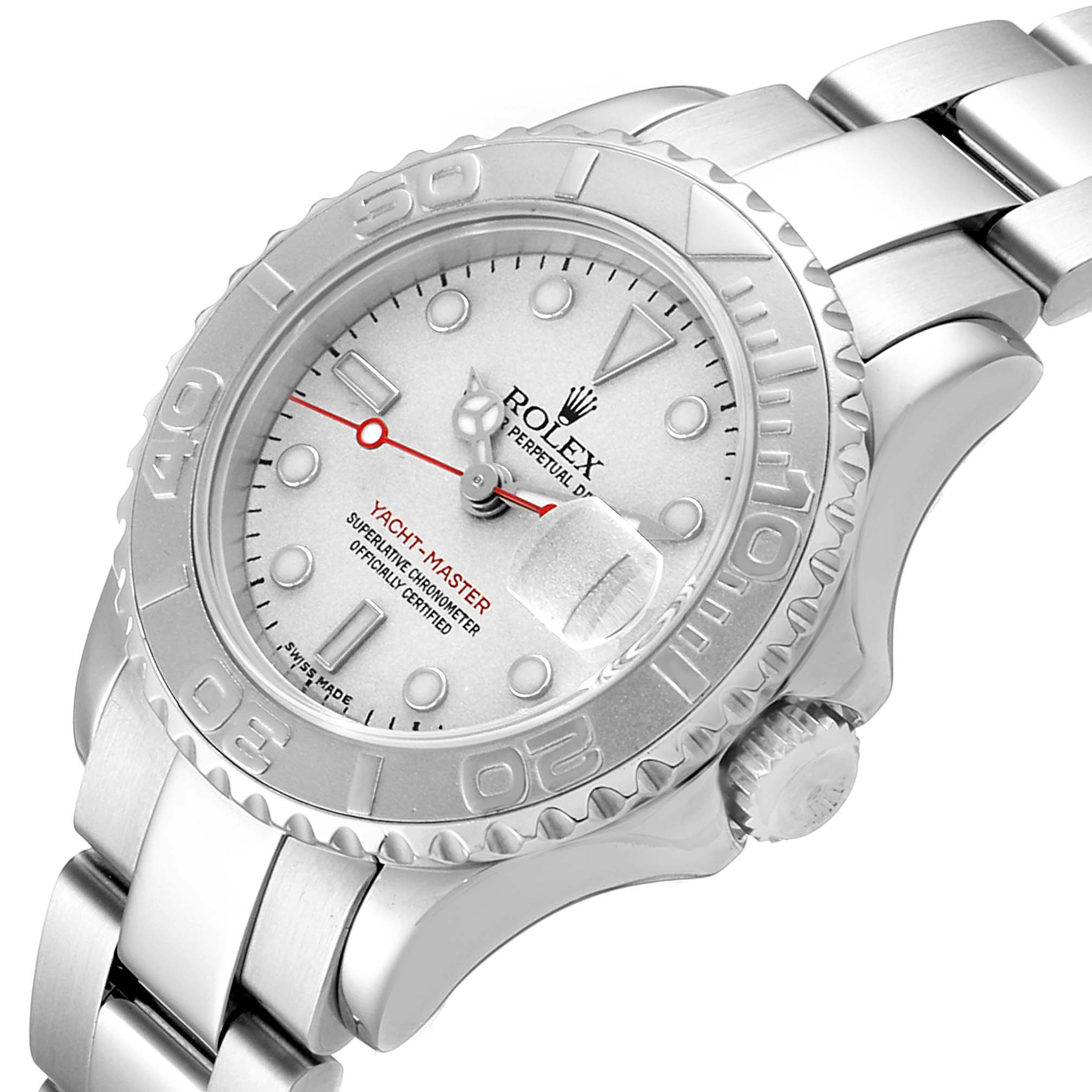 This Rolex Yacht-Master 169622 Women's Stainless Steel Silver Dial 169622 Women's Stainless Steel Silver Dial watch is shown from a three-quarter angle, displaying its face, bezel, crown, and part of the bracelet.