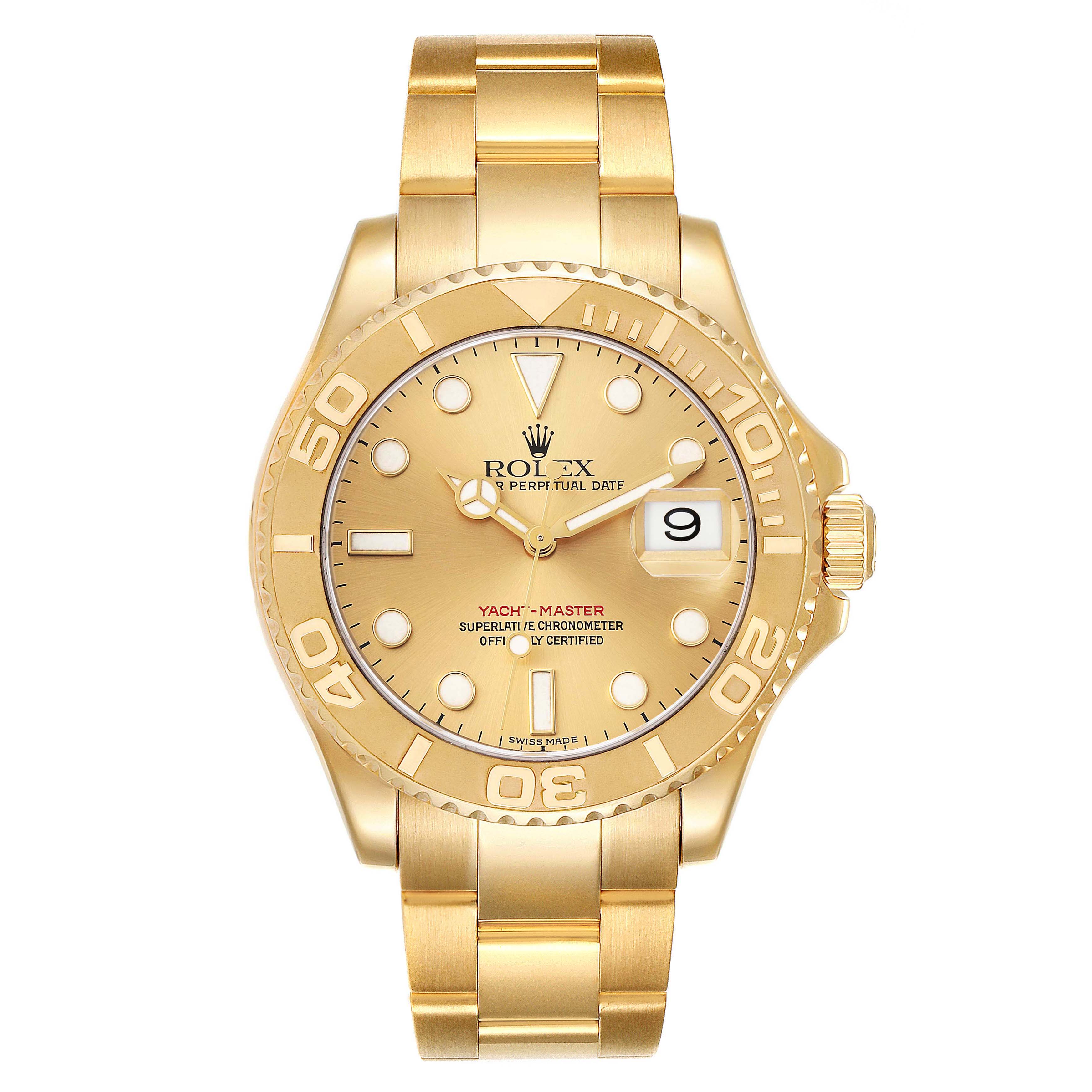 The Rolex Yacht-Master 16628 Men's Yellow Gold Champagne Dial 16628 Men's Yellow Gold Champagne Dial watch is shown from a frontal angle, displaying the gold face, bezel, and bracelet.
