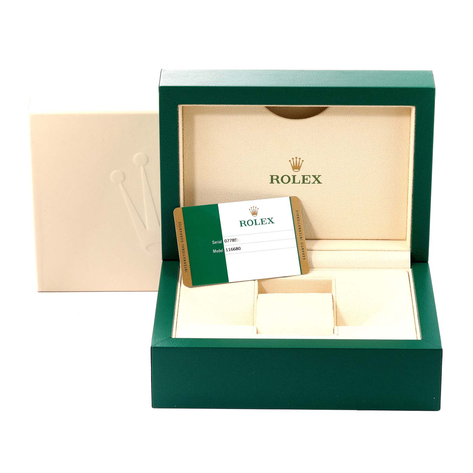The image shows the box and warranty card for a Rolex Yacht-Master 116680 Men's Stainless Steel White Dial 116680 Men's Stainless Steel White Dial, taken from a front angle.