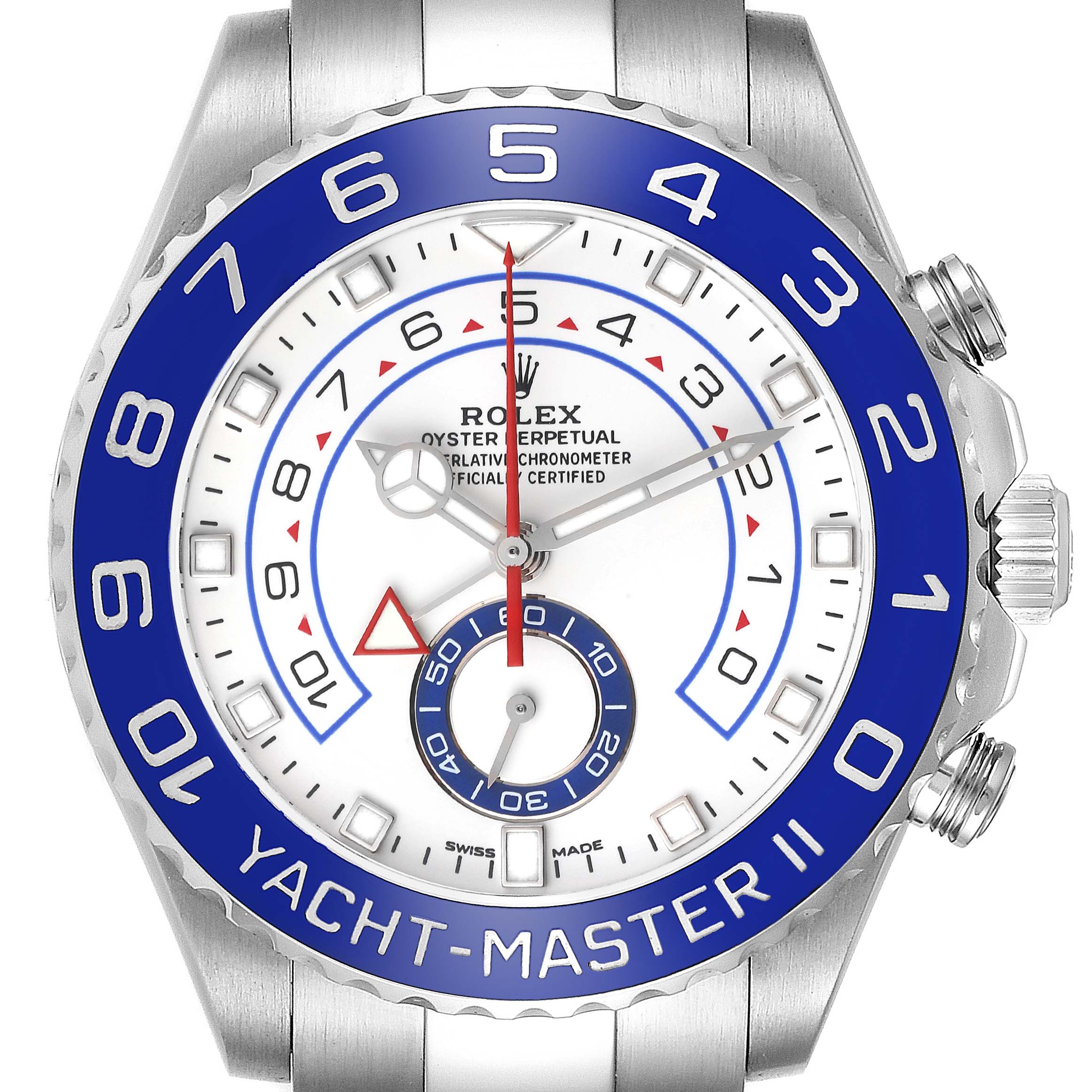 This image shows a front view of the Rolex Yacht-Master 116680 Men's Stainless Steel White Dial 116680 Men's Stainless Steel White Dial II watch, featuring its dial, bezel, and crown.