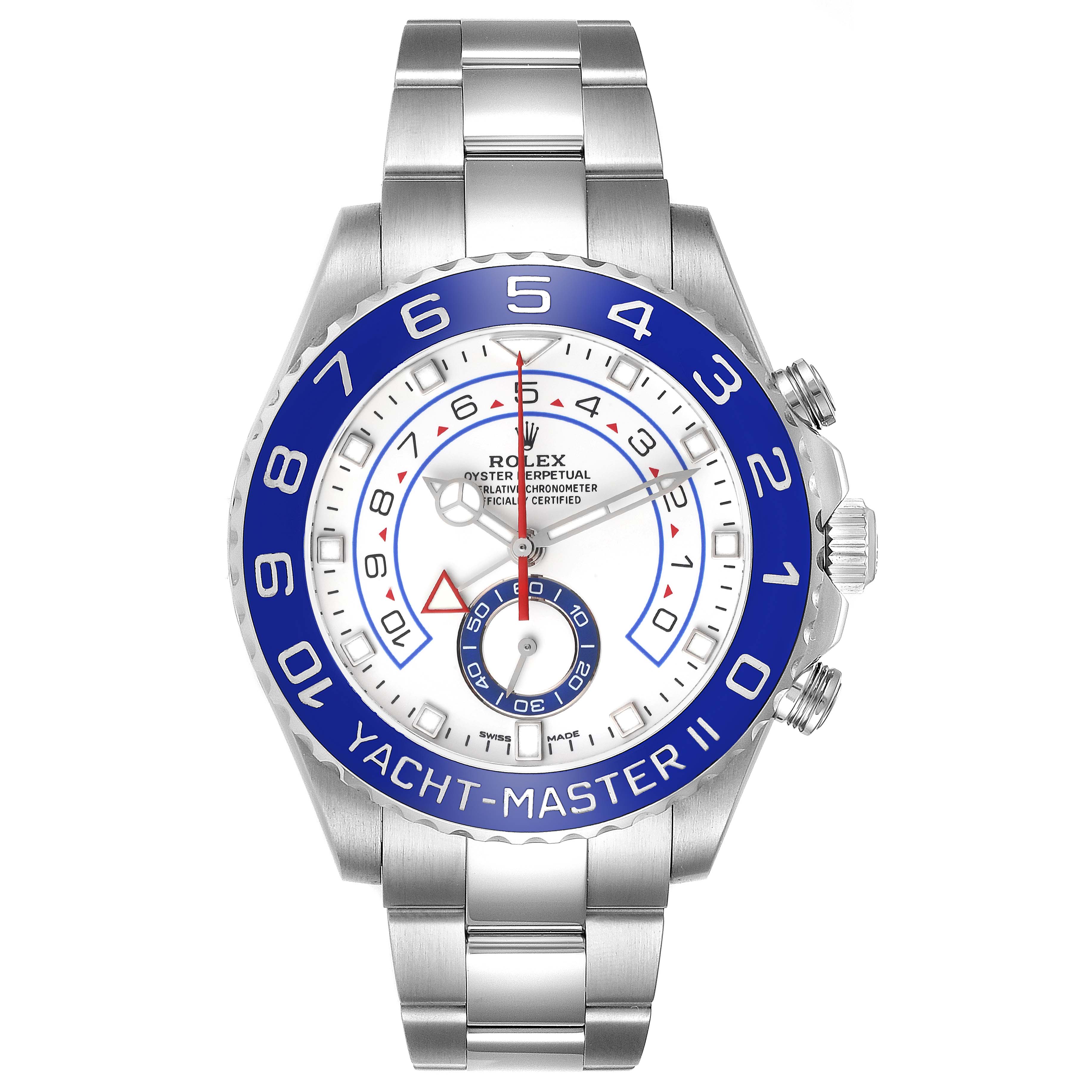 The Rolex Yacht-Master 116680 Men's Stainless Steel White Dial 116680 Men's Stainless Steel White Dial watch is shown from a front angle, highlighting its bezel, dial, and stainless steel bracelet.