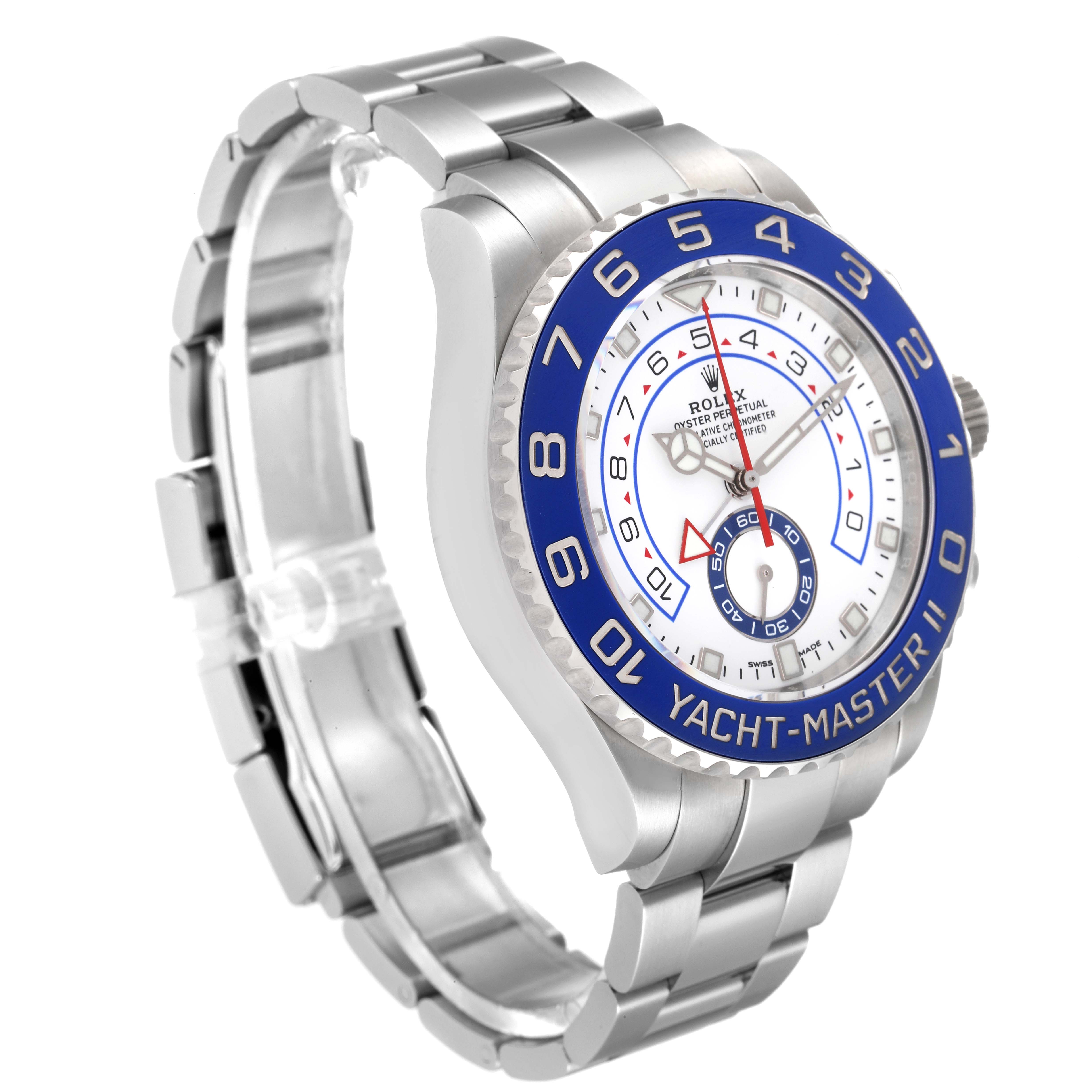 The image shows a side and front angle of a Rolex Yacht-Master 116680 Men's Stainless Steel White Dial 116680 Men's Stainless Steel White Dial II watch, highlighting its blue bezel, dial, and metal bracelet.