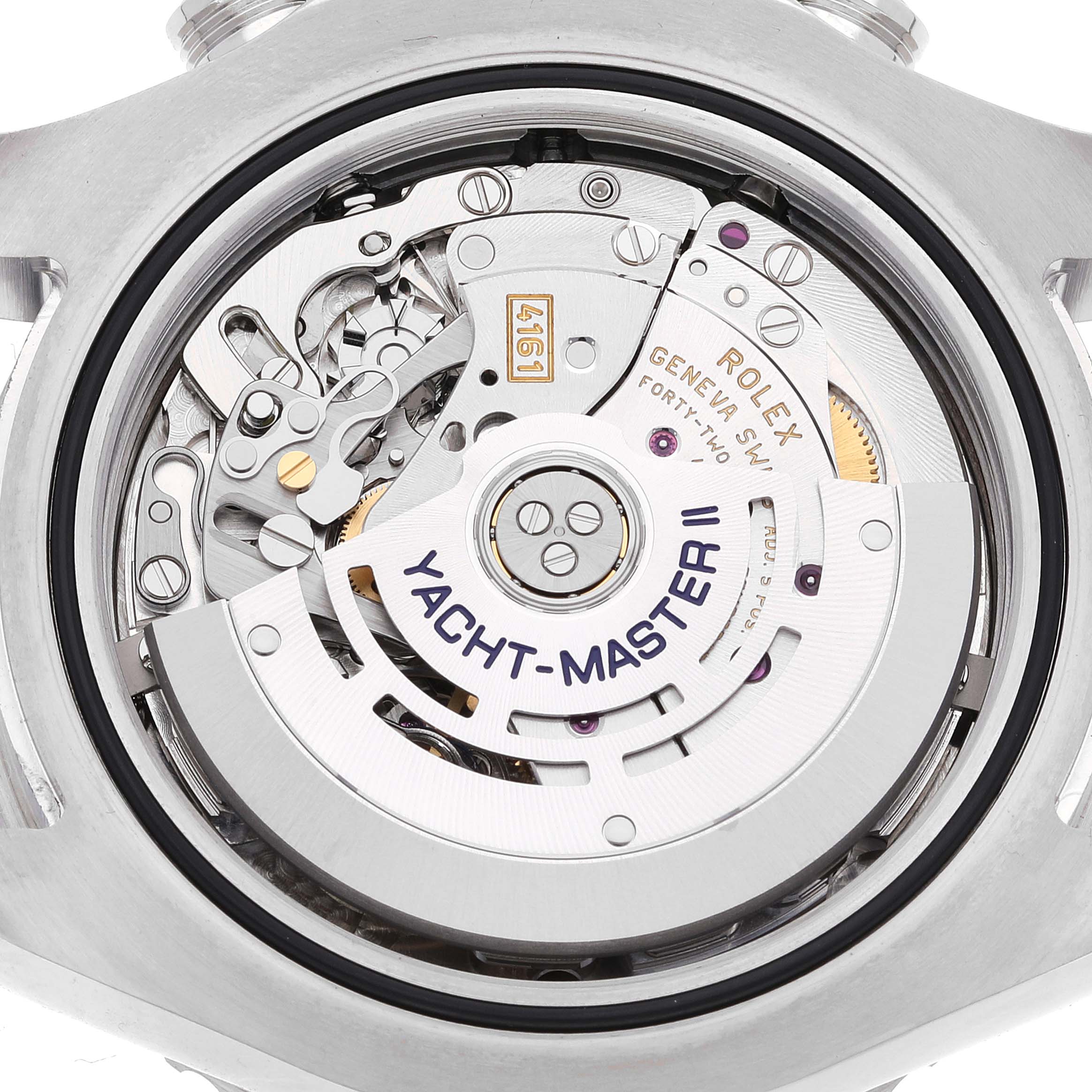 The image shows the movement mechanism of a Rolex Yacht-Master 116680 Men's Stainless Steel White Dial 116680 Men's Stainless Steel White Dial II watch from a back angle.