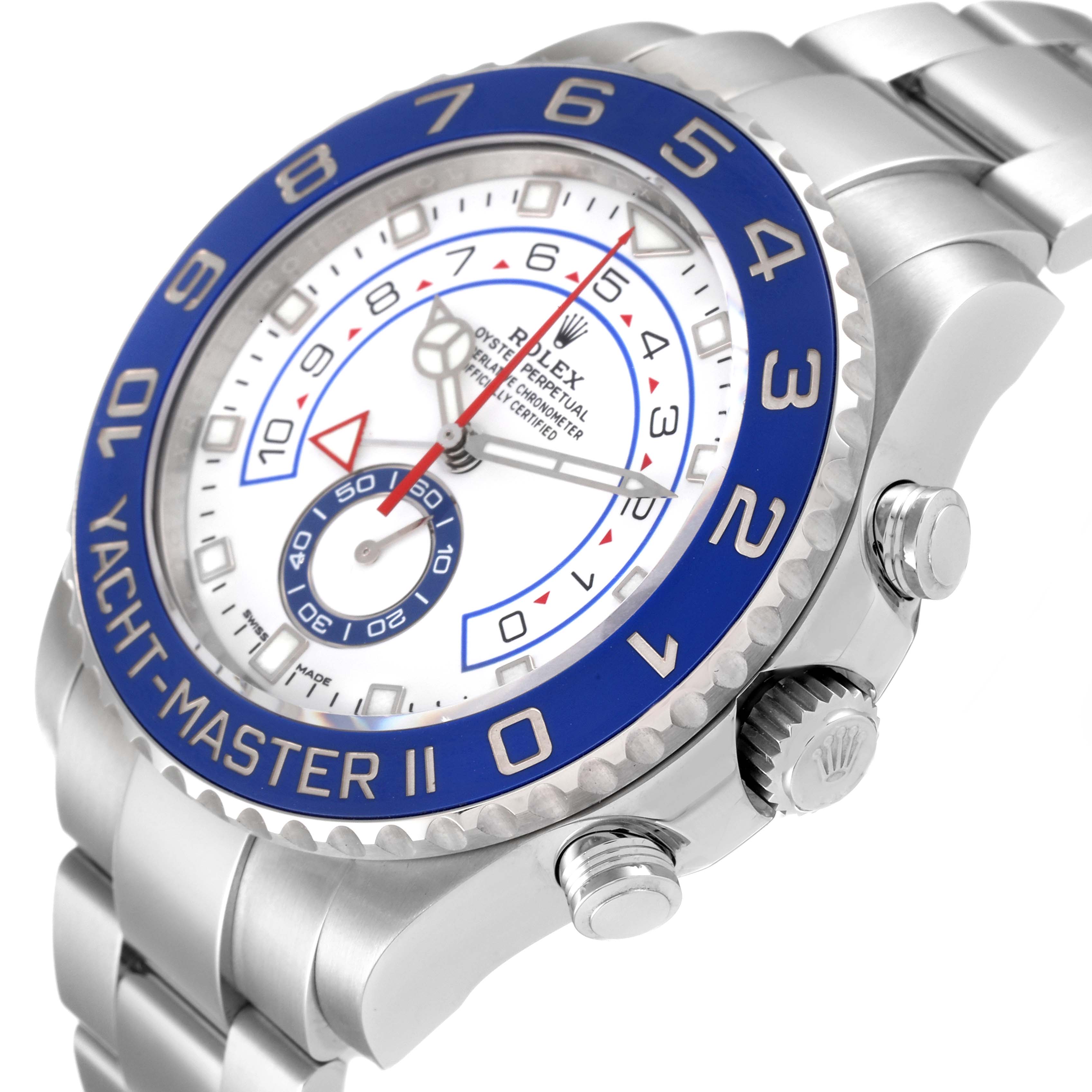 The image shows a side angle of a Rolex Yacht-Master 116680 Men's Stainless Steel White Dial 116680 Men's Stainless Steel White Dial II, highlighting its blue bezel and silver bracelet.