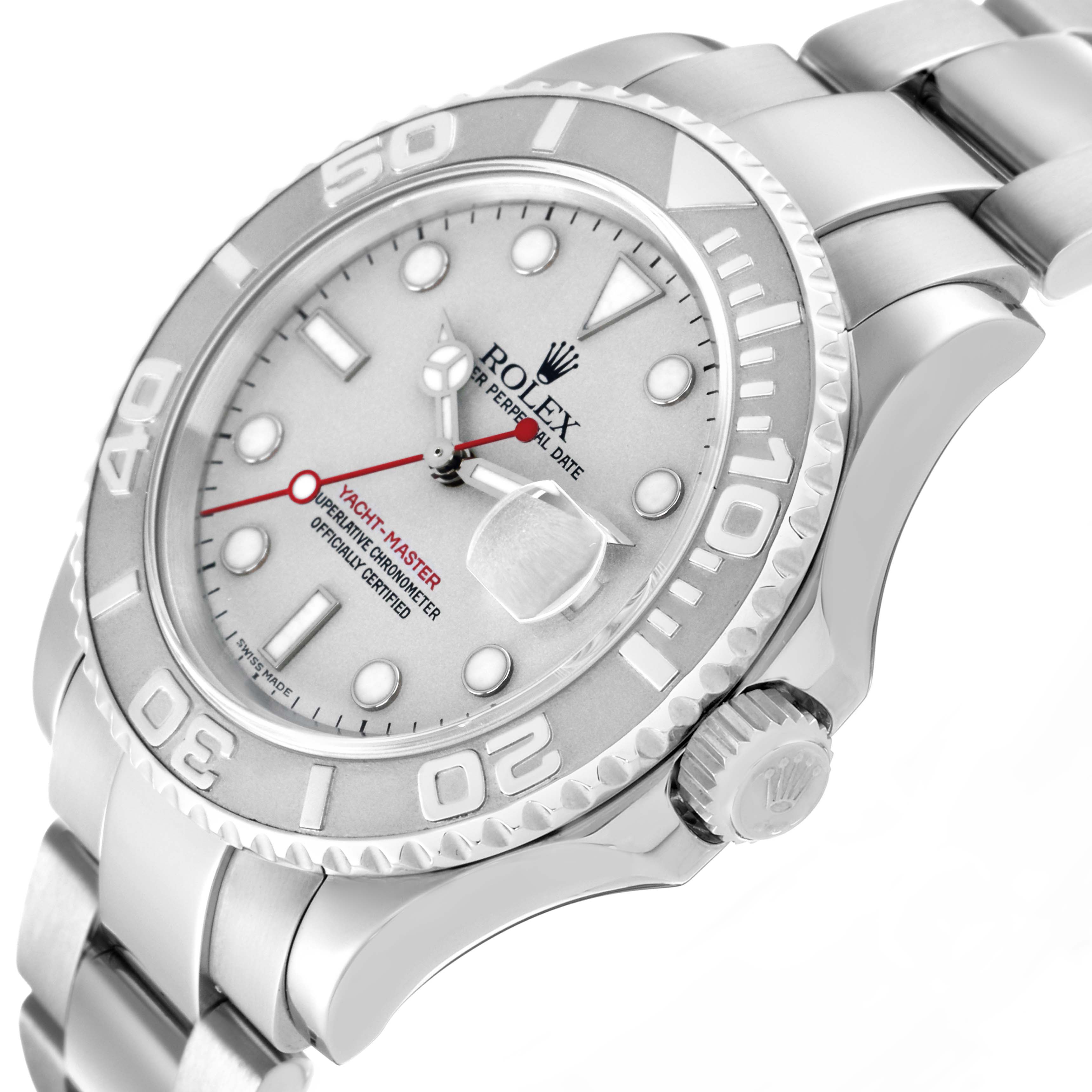 The Rolex Yacht-Master 16622 Men's Stainless Steel Silver Dial watch is shown at a three-quarter angle, displaying the face, bezel, crown, and part of the bracelet.