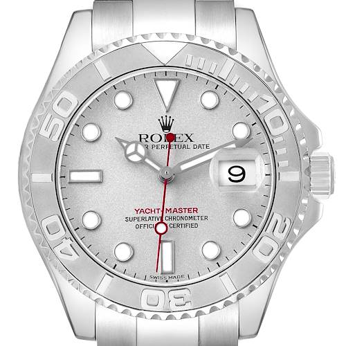 The Rolex Yacht-Master 16622 Men
s Stainless Steel Silver Dial watch is shown from a front view, highlighting the bezel, dial, hands, and date window.