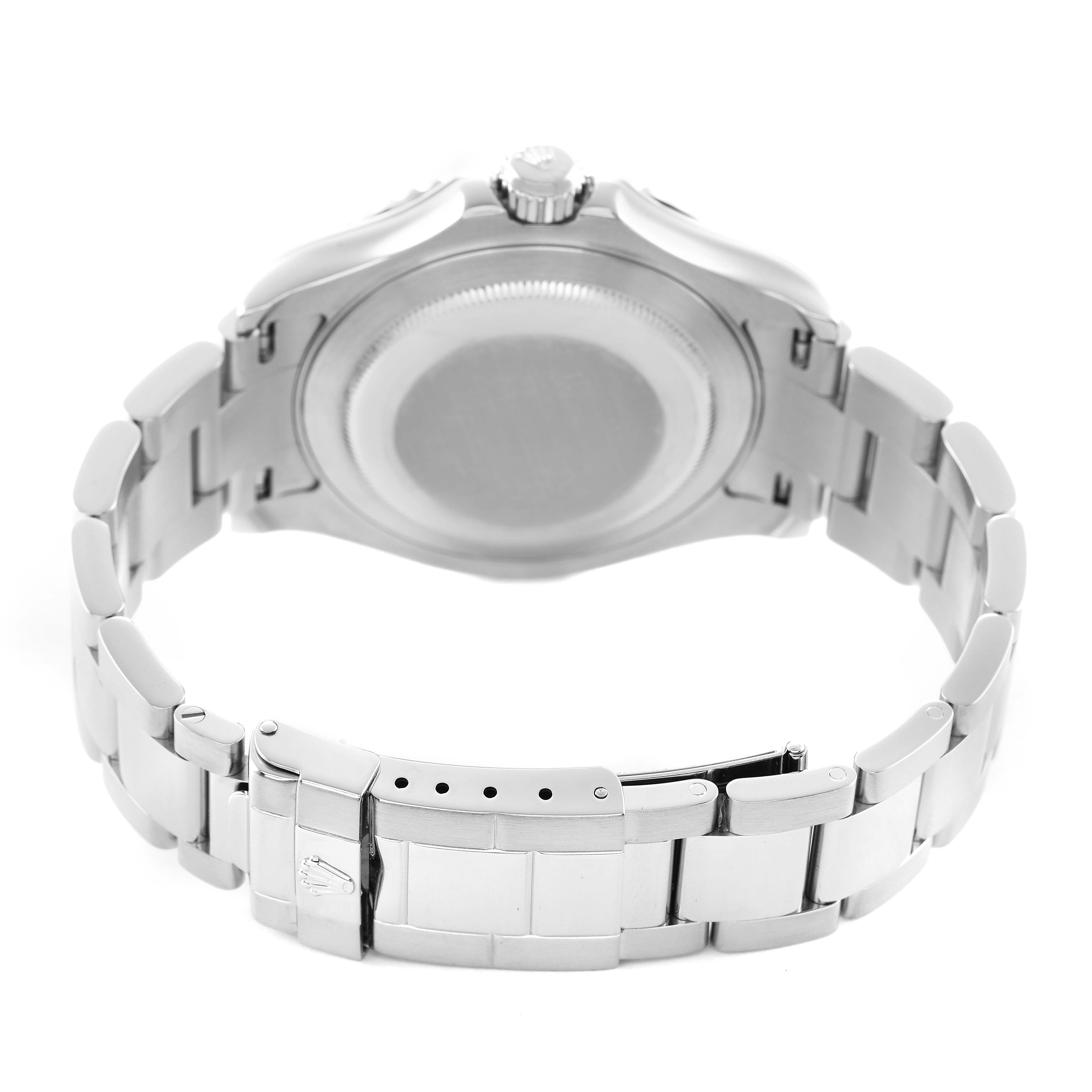 The Rolex Yacht-Master 16622 Men's Stainless Steel Silver Dial is shown from the back, displaying the bracelet, clasp, and case back.