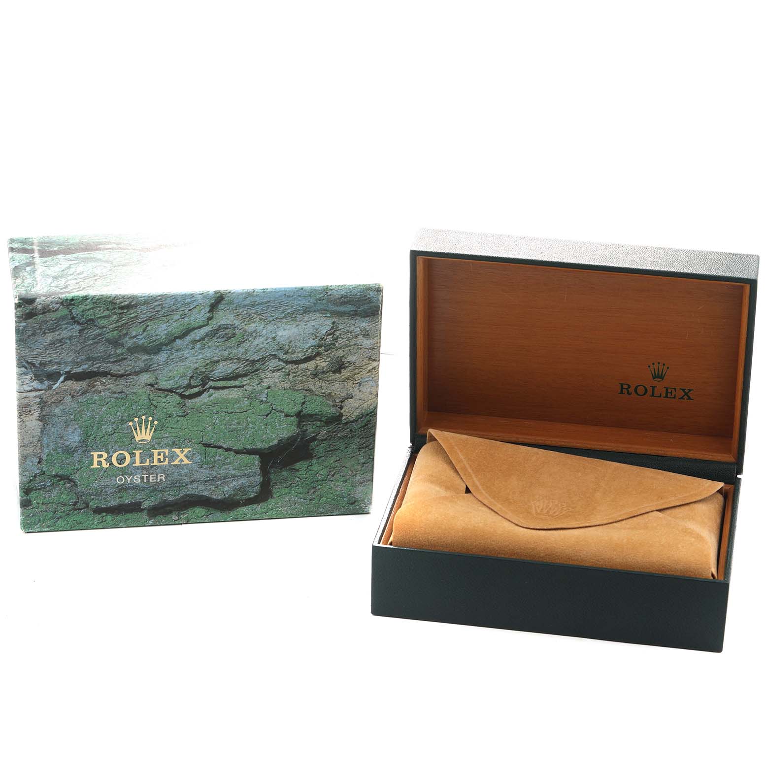 The image shows a Rolex Yacht-Master 16622 Men's Stainless Steel Silver Dial watch box and outer cover; the box is open with a protective pouch inside.