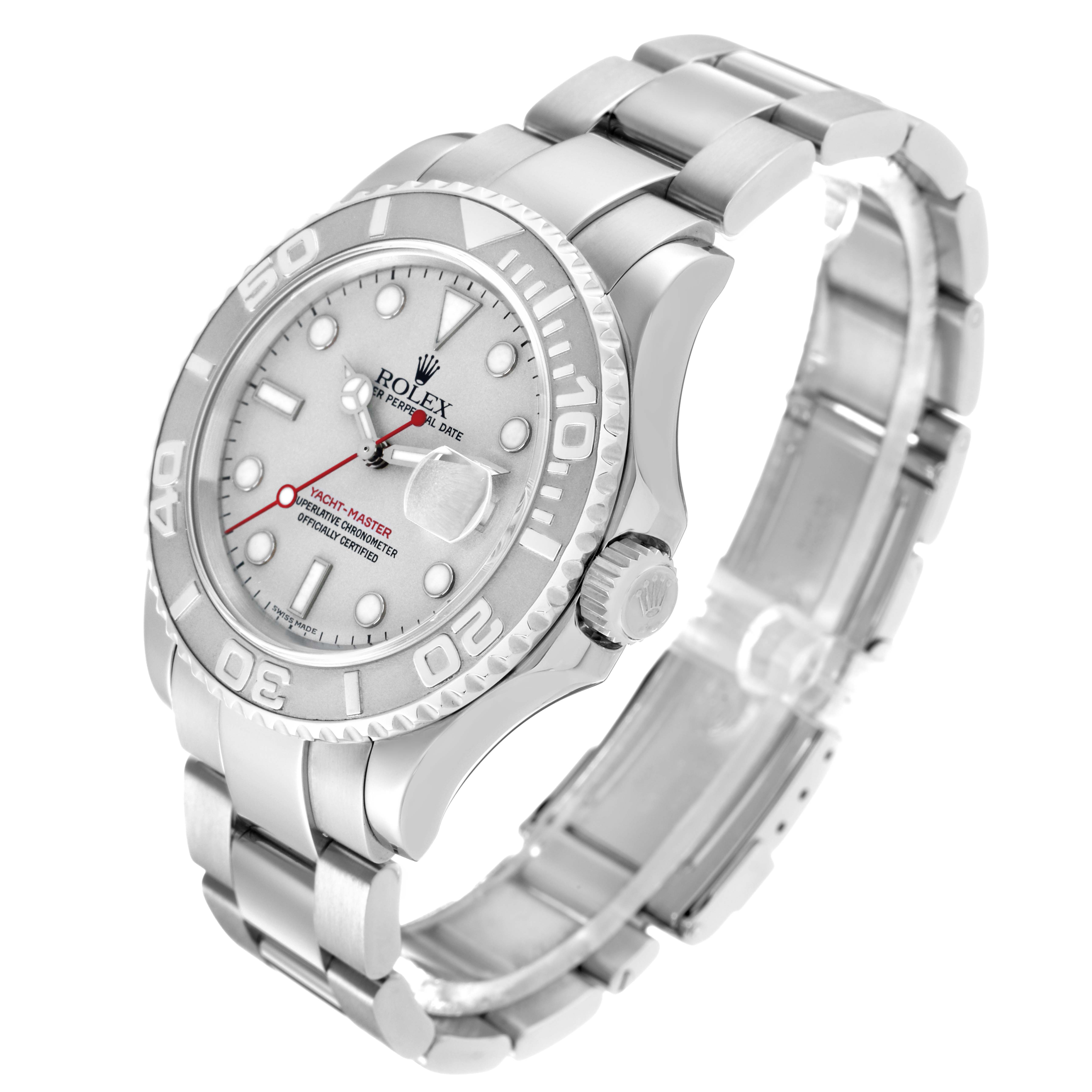 The image shows the Rolex Yacht-Master 16622 Men's Stainless Steel Silver Dial watch from a three-quarter angle, highlighting the face, bezel, crown, and bracelet.