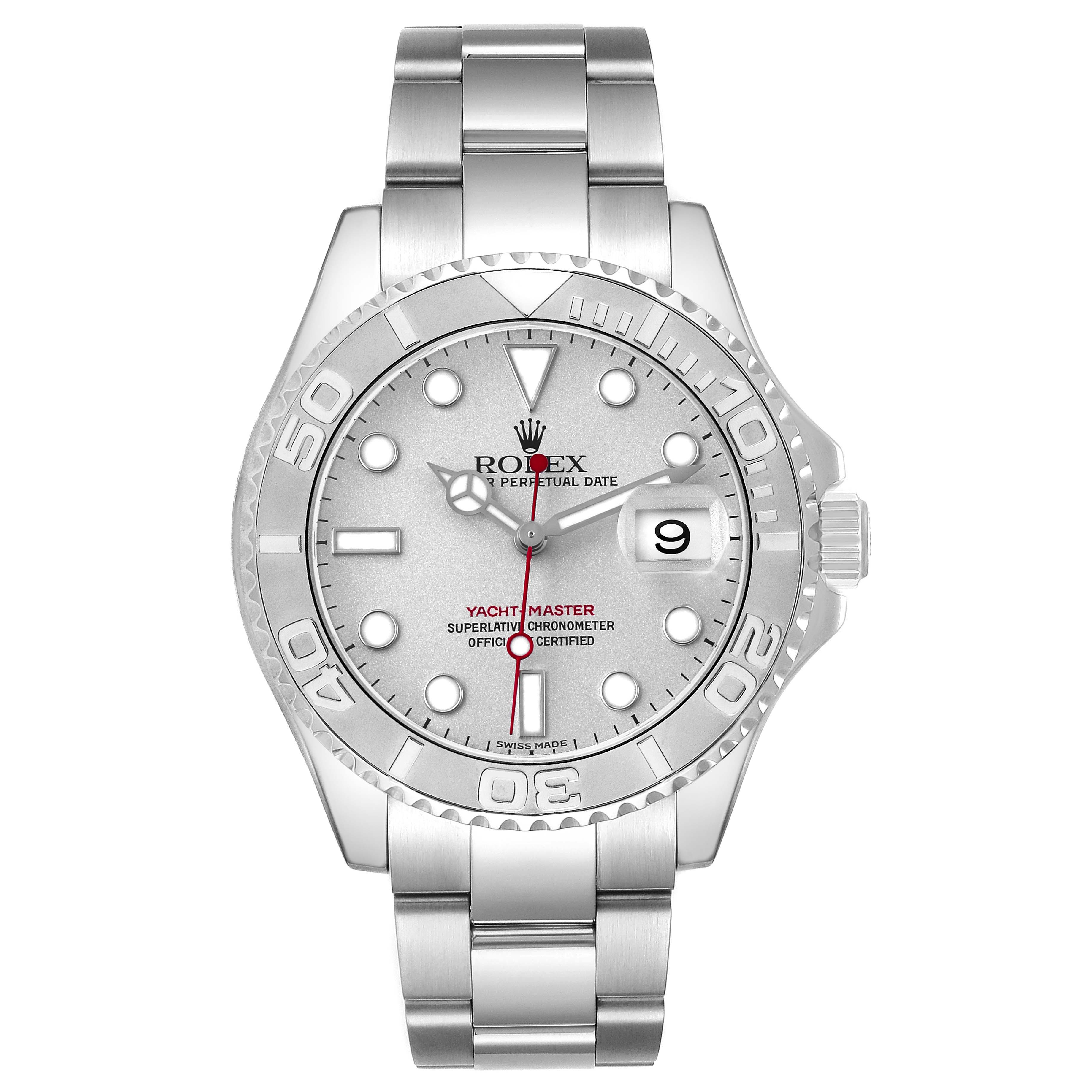 The image shows a Rolex Yacht-Master 16622 Men's Stainless Steel Silver Dial watch from a front angle, highlighting the dial, bezel, bracelet, and crown.