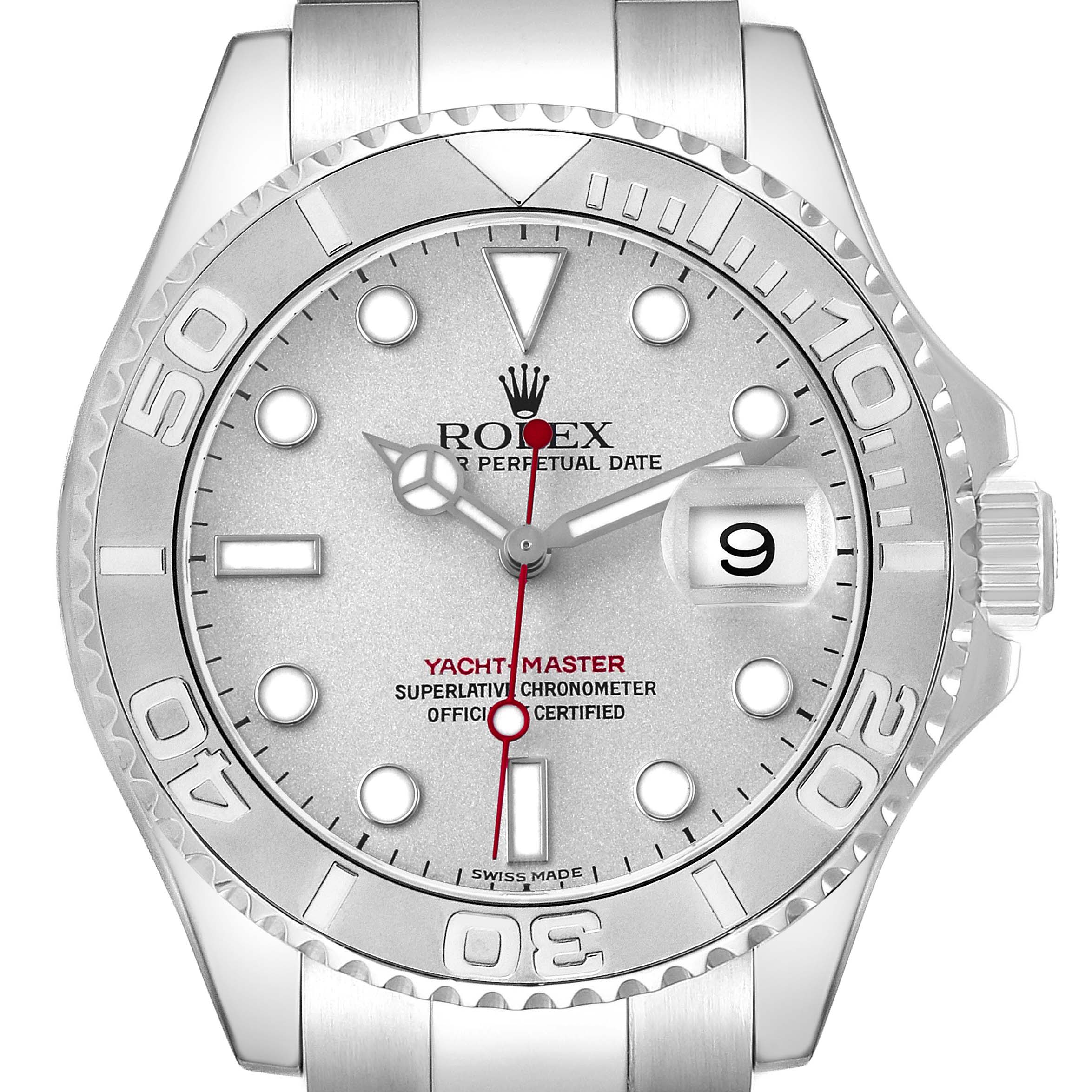 The image shows a frontal view of a Rolex Yacht-Master 16622 Men's Stainless Steel Silver Dial watch, featuring the bezel, face, and crown.
