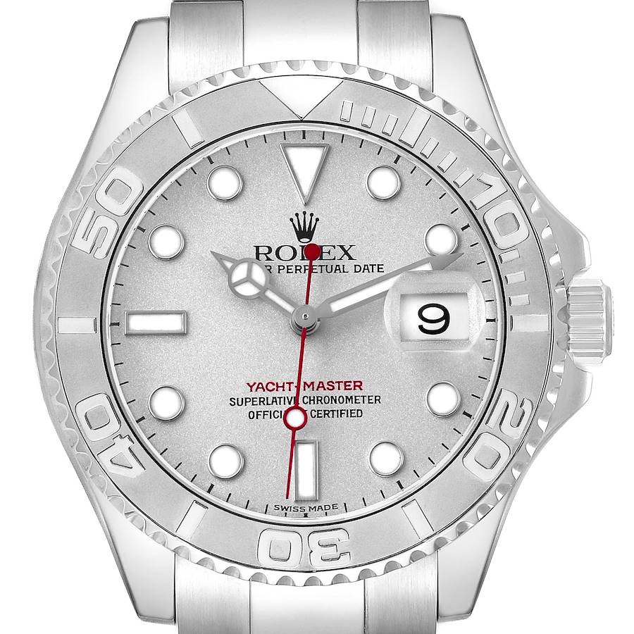 The image shows a frontal view of a Rolex Yacht-Master 16622 Men's Stainless Steel Silver Dial watch, featuring the bezel, face, and crown.