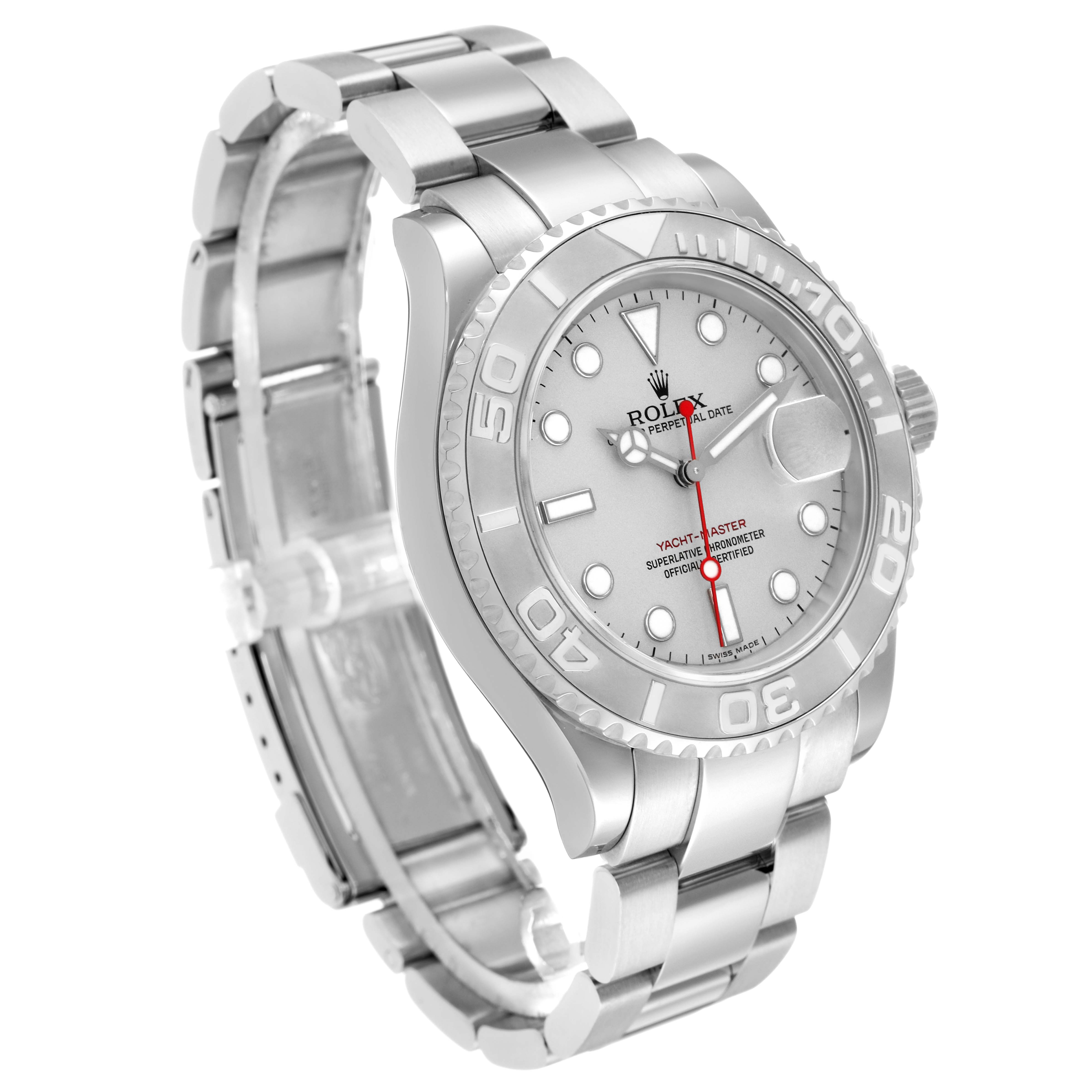 The Rolex Yacht-Master 16622 Men's Stainless Steel Silver Dial watch is shown at a three-quarter angle, displaying its face, bezel, bracelet, and crown.