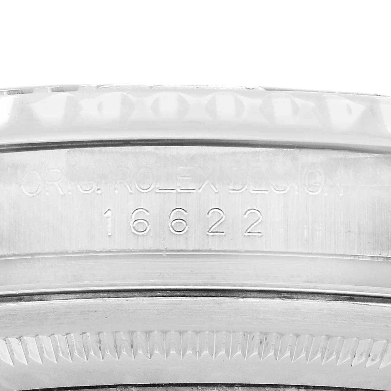 The image shows the side of a Rolex Yacht-Master 16622 Men's Stainless Steel Silver Dial, highlighting the engraved model number "16622" on the case.