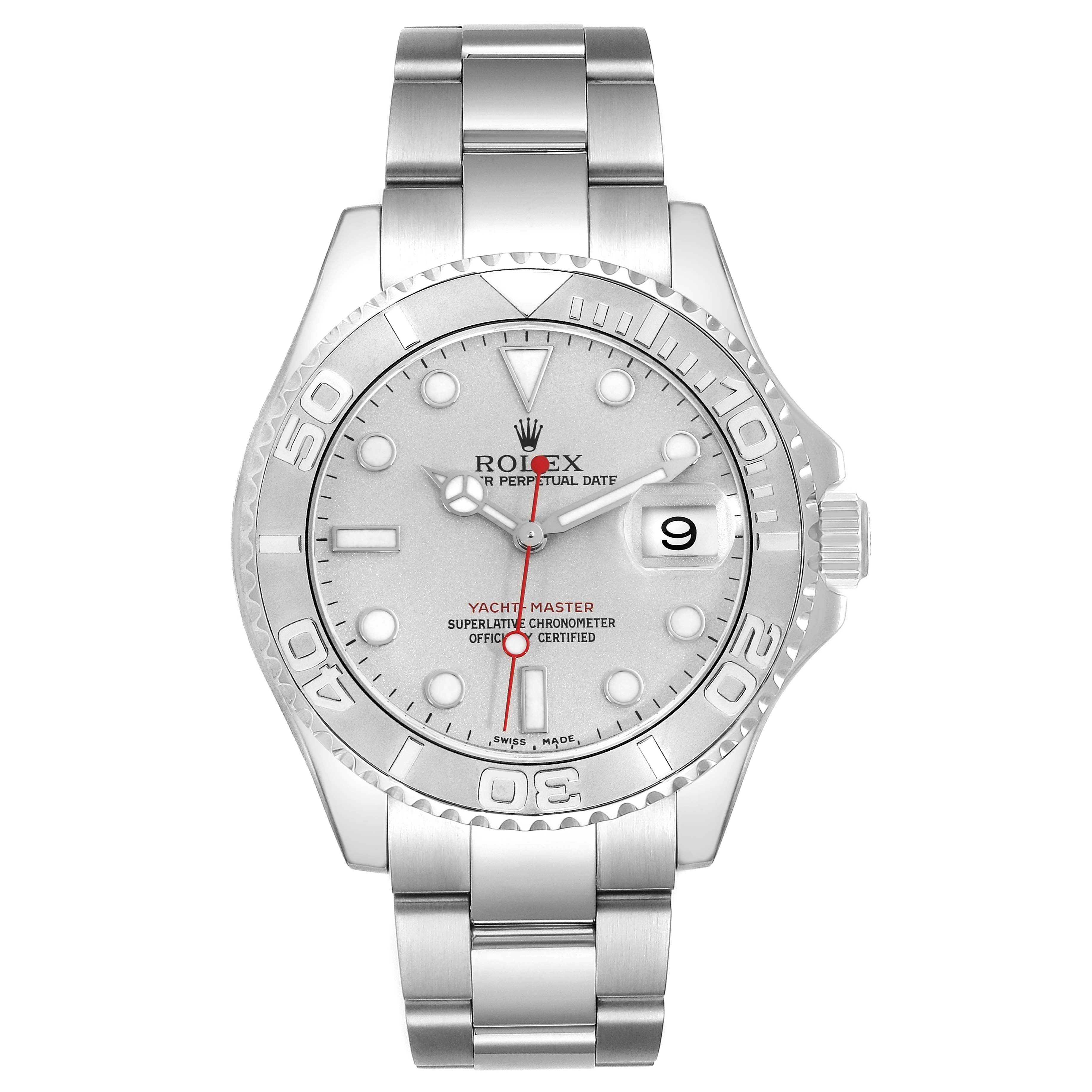 The Rolex Yacht-Master 16622 Men
s Stainless Steel Silver Dial 16622 Men
s Stainless Steel Silver Dial watch is shown from a frontal angle, displaying its face and bracelet.