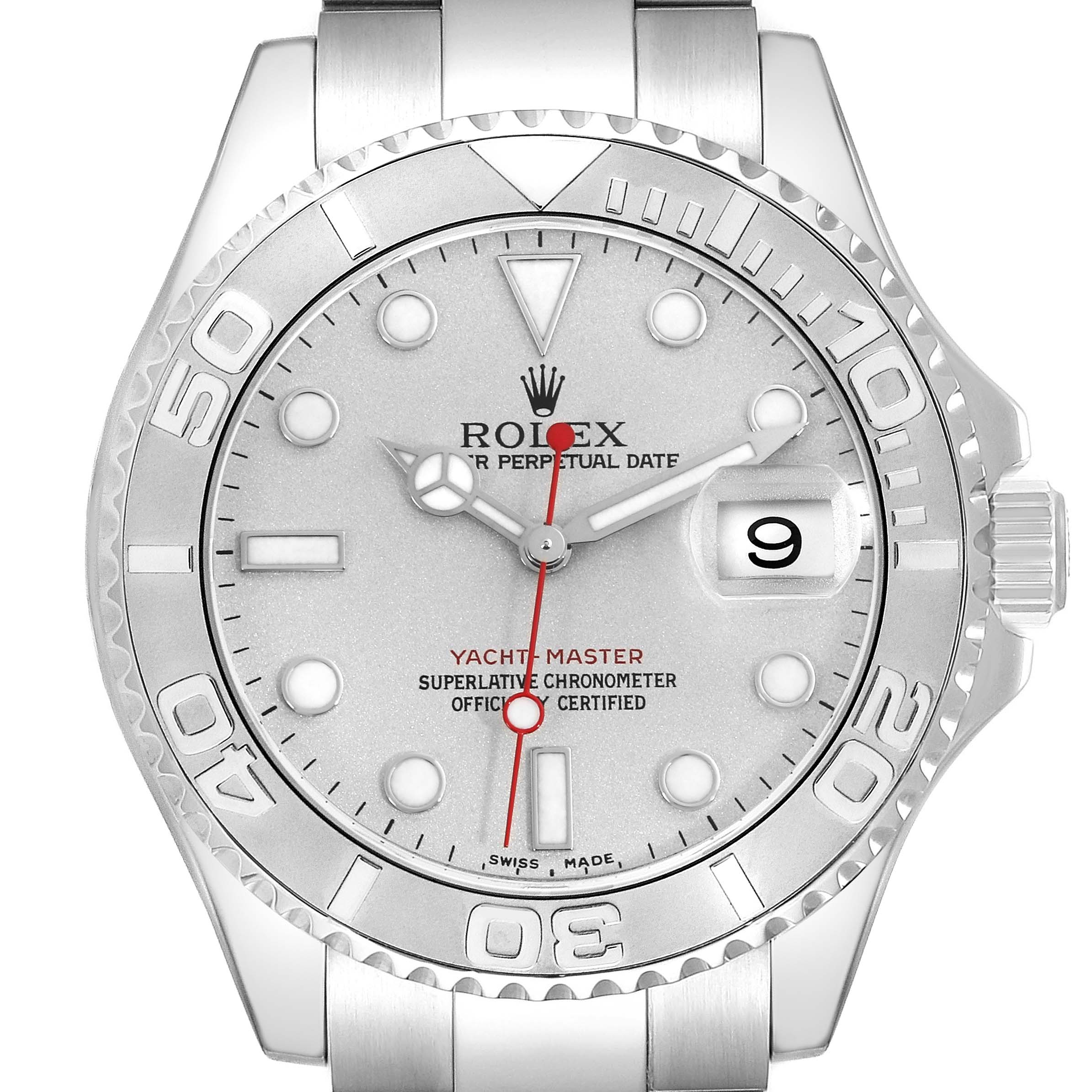 The Rolex Yacht-Master 16622 Men
s Stainless Steel Silver Dial 16622 Men
s Stainless Steel Silver Dial watch is shown from a frontal angle, displaying the full dial, bezel, and part of the bracelet.