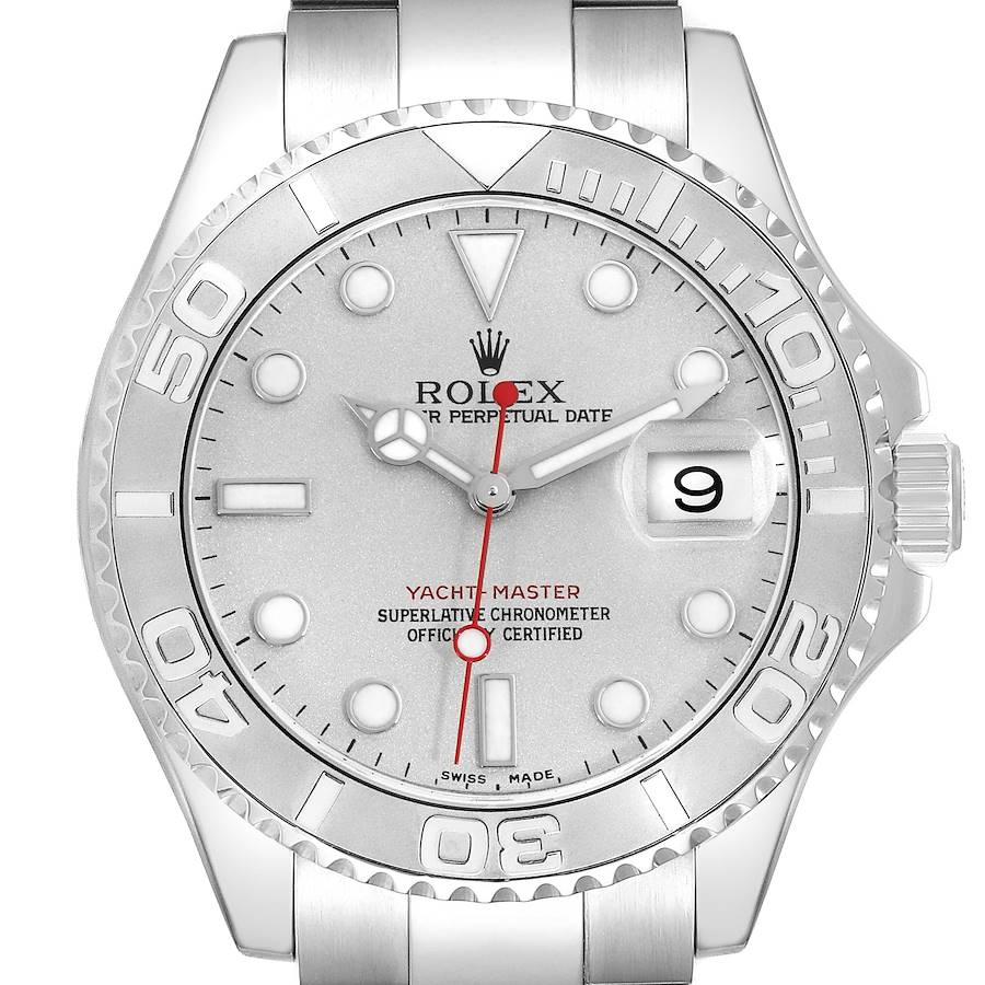 The Rolex Yacht-Master watch is shown from a frontal angle, displaying the full dial, bezel, and part of the bracelet.