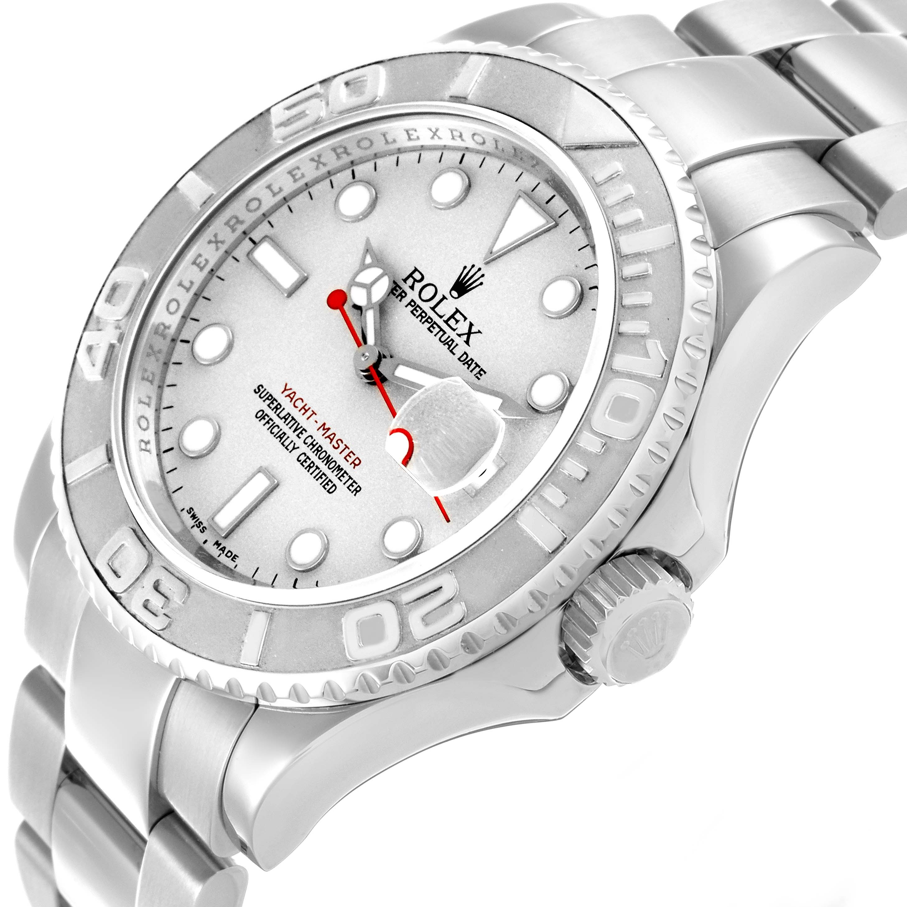 The Rolex Yacht-Master 16622 Men
s Stainless Steel Silver Dial 16622 Men
s Stainless Steel Silver Dial is shown at an angled view, highlighting the dial, bezel, and partial bracelet.