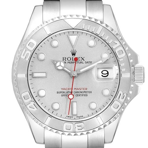 The image shows a frontal view of the Rolex Yacht-Master, highlighting the face, bezel, and crown.