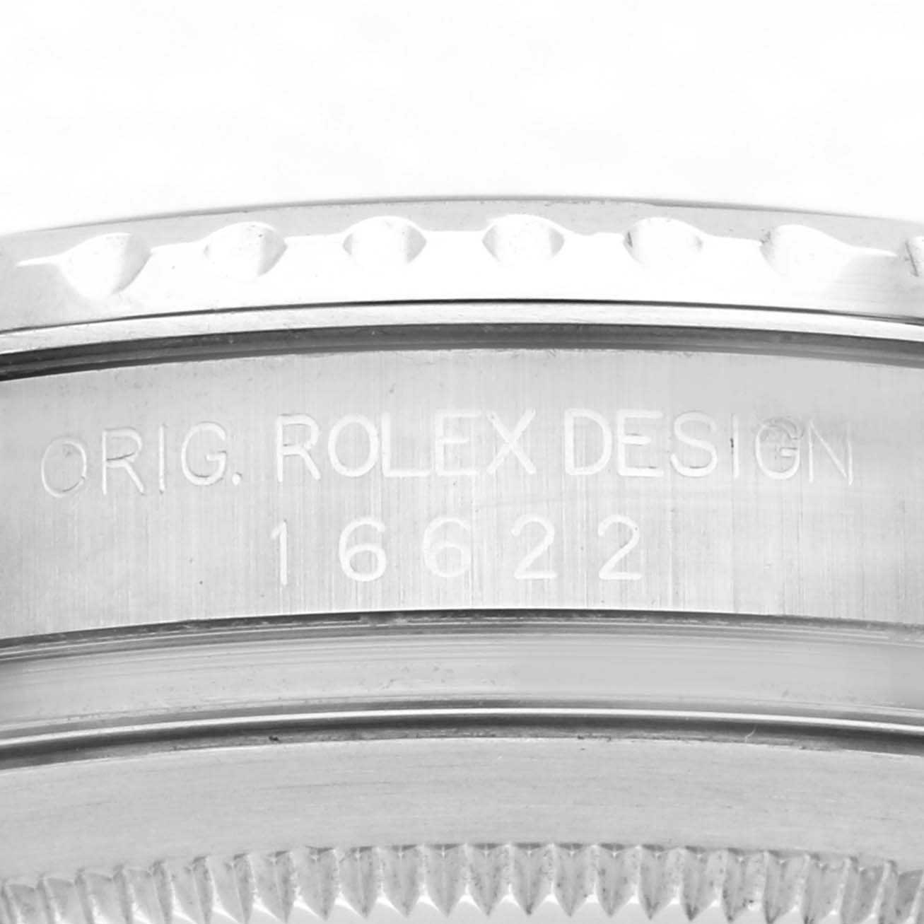 The image shows the side engraving of a Rolex Yacht-Master 16622 Men
s Stainless Steel Silver Dial 16622 Men
s Stainless Steel Silver Dial watch, highlighting the model number and branding.