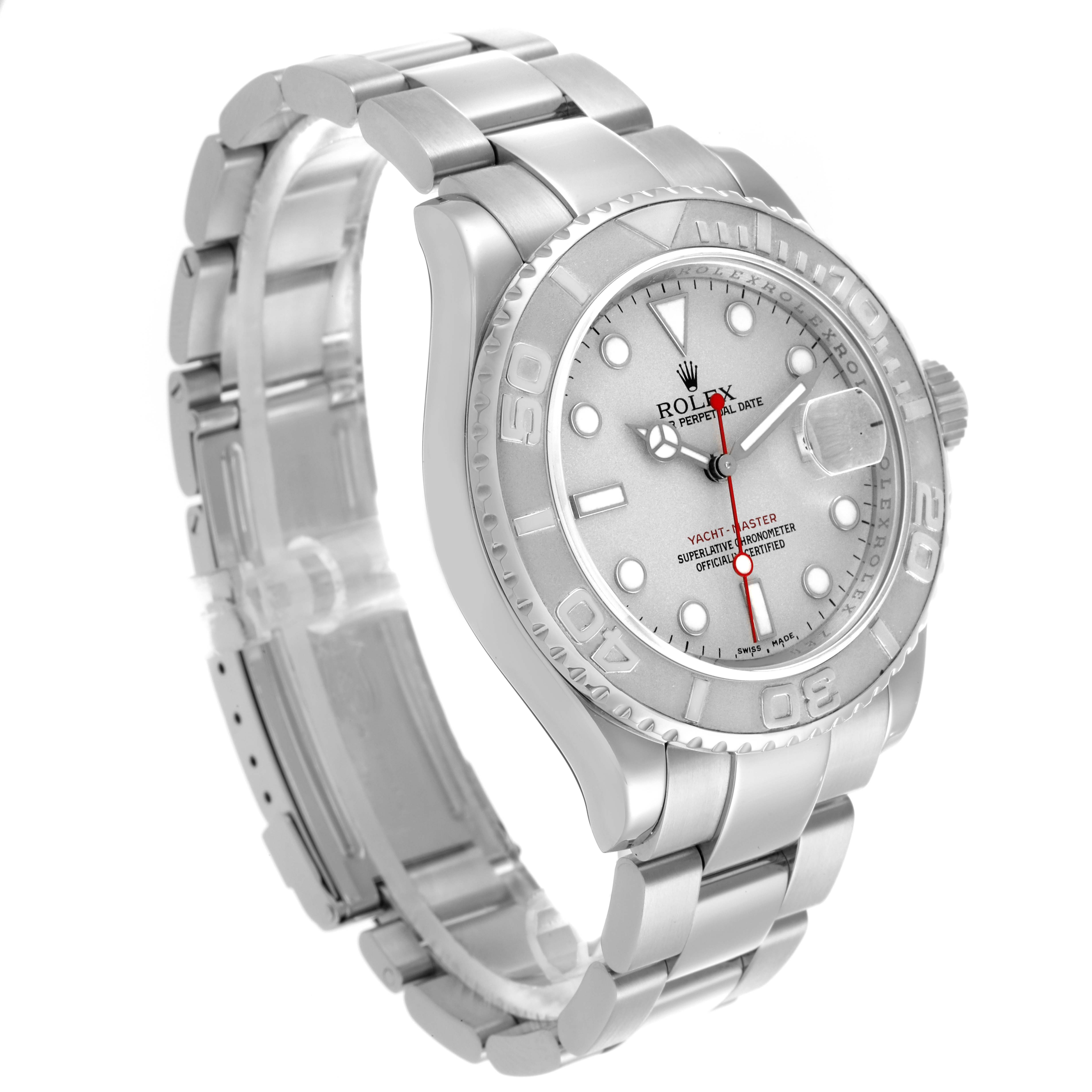 The Rolex Yacht-Master 16622 Men
s Stainless Steel Silver Dial 16622 Men
s Stainless Steel Silver Dial watch is shown at a three-quarter angle, highlighting the dial, bezel, bracelet, and crown.