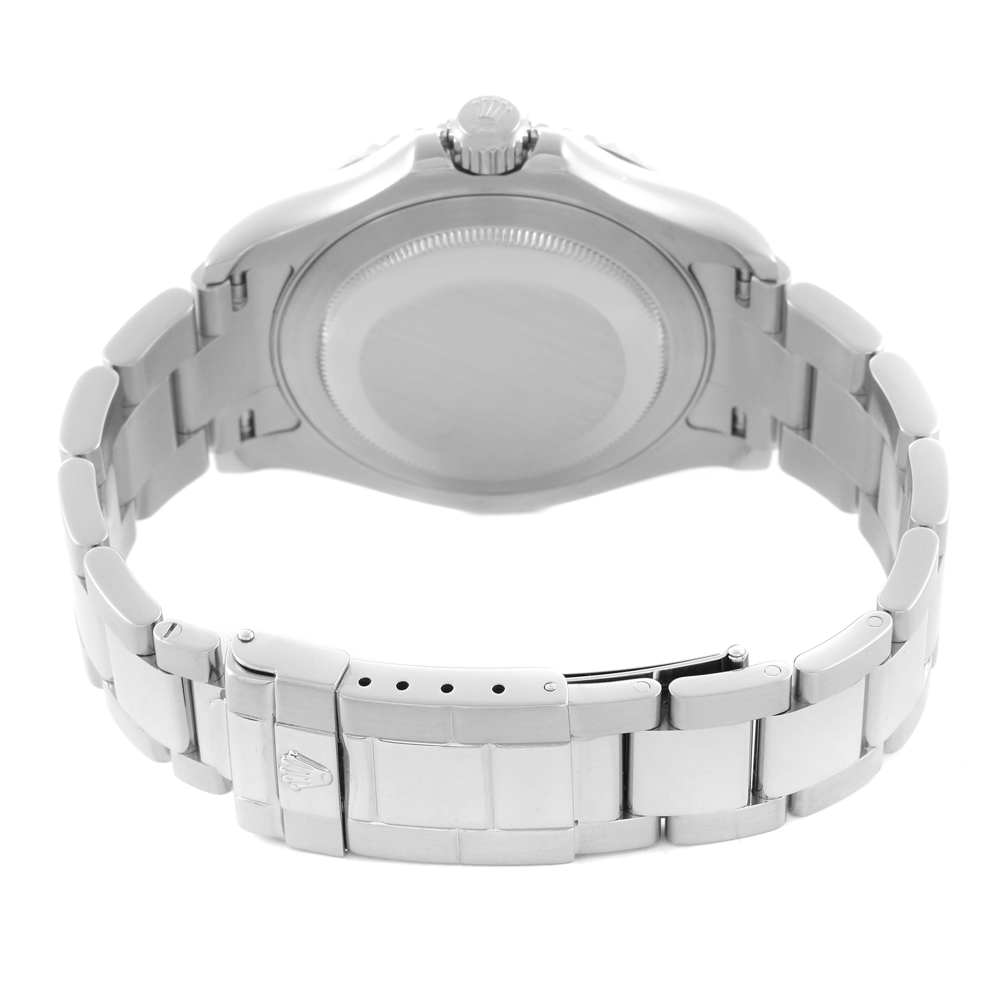 The image shows the back of the Rolex Yacht-Master 16622 Men
s Stainless Steel Silver Dial 16622 Men
s Stainless Steel Silver Dial watch, highlighting the bracelet and the closed clasp.