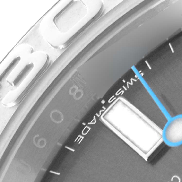 The image shows a partial close-up of the Rolex Yacht-Master 116622 Men's Stainless Steel Grey Dial 116622 Men's Stainless Steel Grey Dial's bezel, dial, and hands.