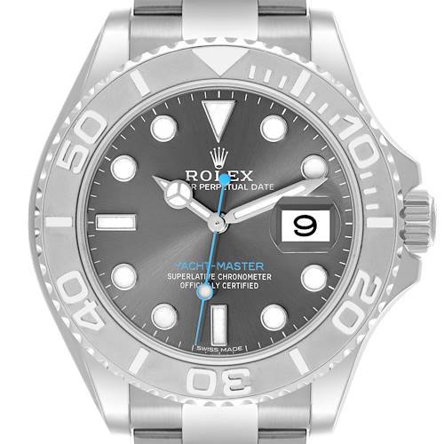 The Rolex Yacht-Master watch is shown from a front angle, displaying the face, bezel, and part of the bracelet.