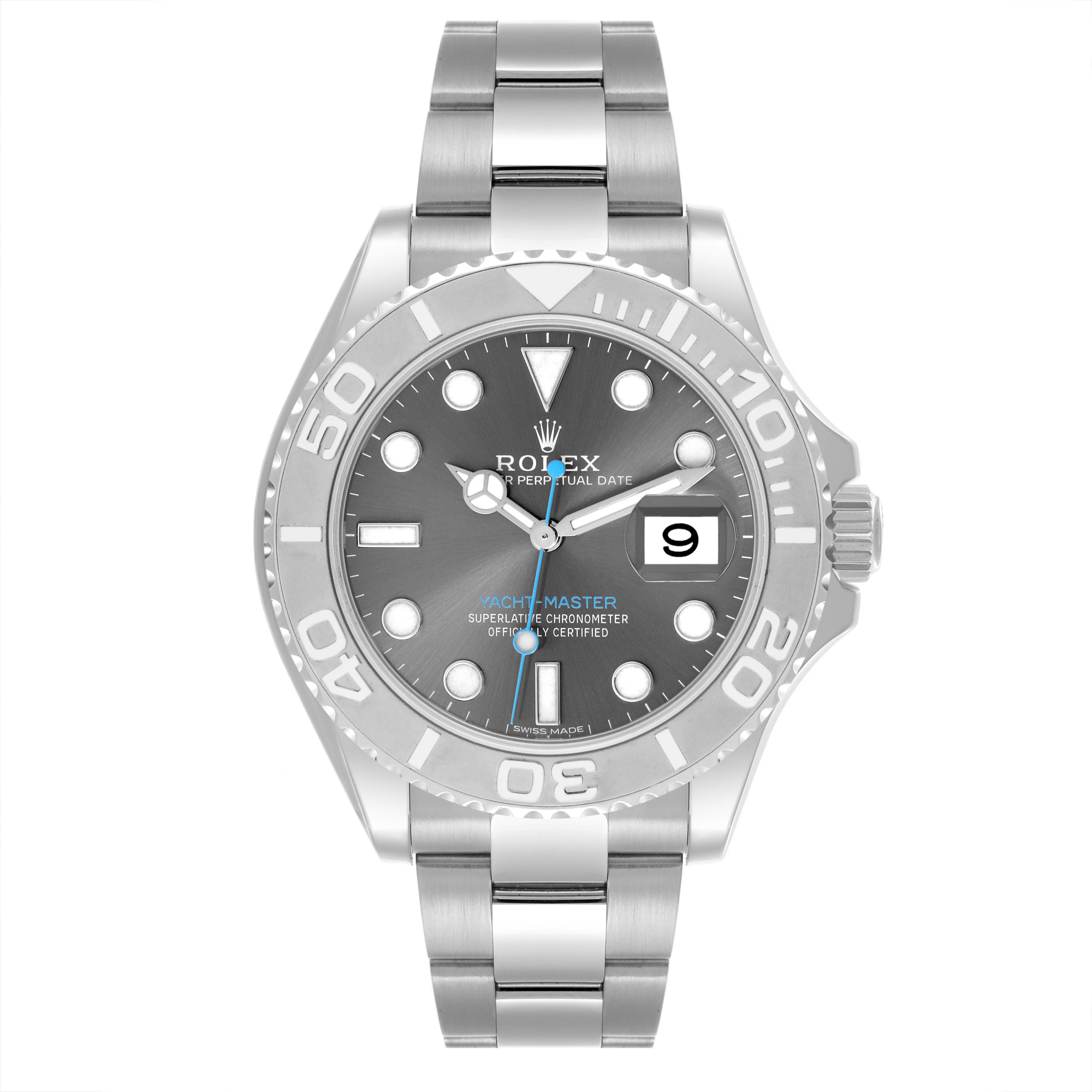 The Rolex Yacht-Master 116622 Men's Stainless Steel Grey Dial 116622 Men's Stainless Steel Grey Dial watch is shown from the front, displaying its face, bezel, case, and bracelet.