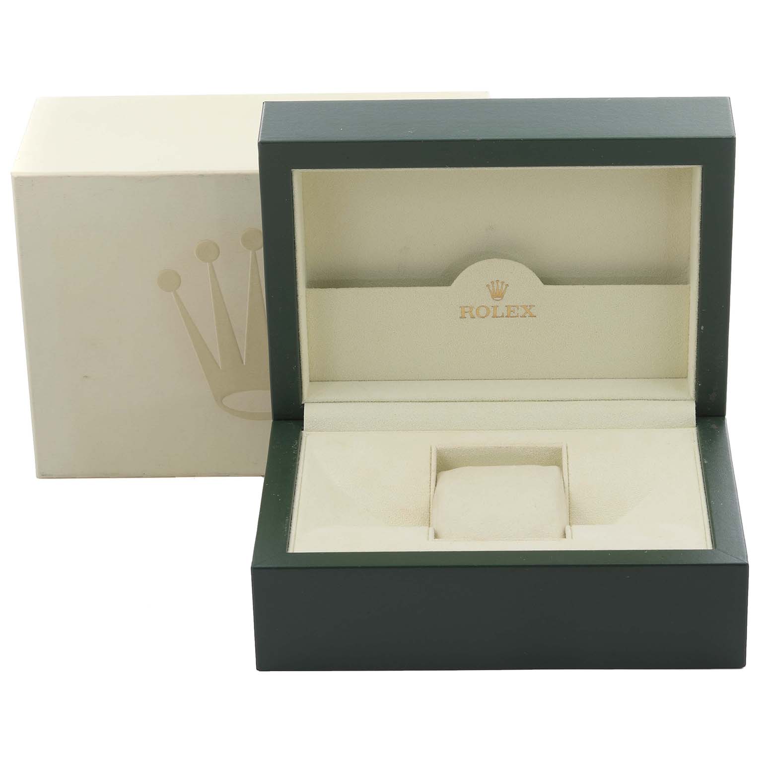 The image shows an open Rolex Yacht-Master 116622 Men's Stainless Steel Grey Dial 116622 Men's Stainless Steel Grey Dial watch box, revealing the interior cushion.